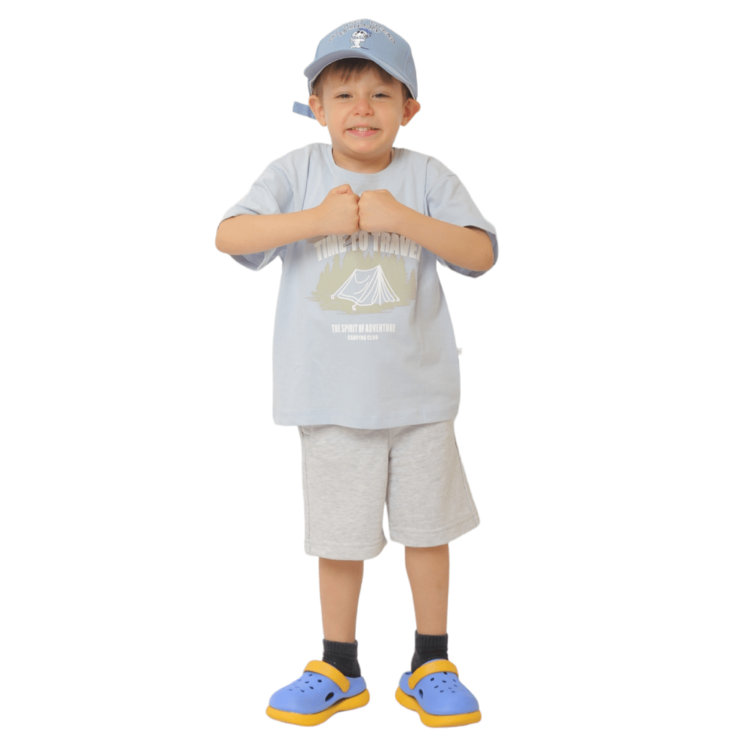 Kids Summer 23 Summer Sale 23 Boys Set (Tshirt & Short) - "Time to Travel" - Baby Blue