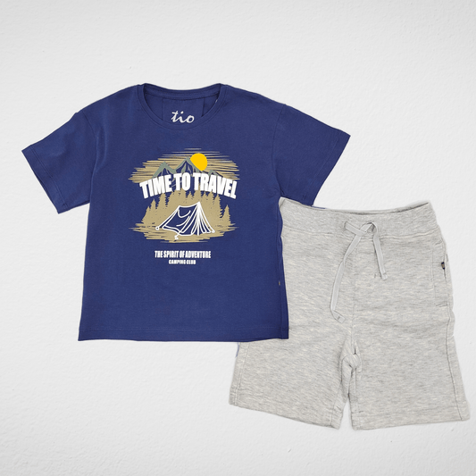 Kids Summer 23 Summer Sale 23 Boys Set (Tshirt & Short) - "Time to Travel" - Dark Blue