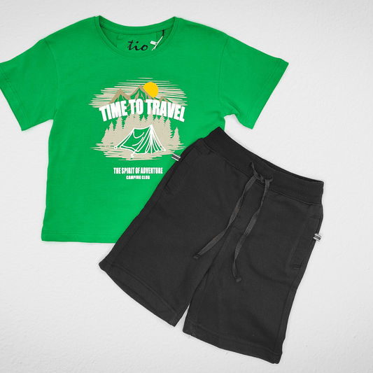 Kids Summer 23 Summer Sale 23 Boys Set (Tshirt & Short) - "Time to Travel" - Green