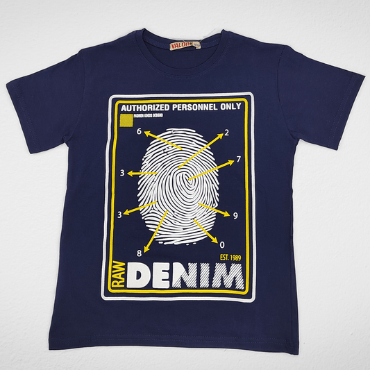 Kids Summer 23 Summer Sale 23 Boys Tshirt - "Raw Denim - Finger Print" - Dark Blue