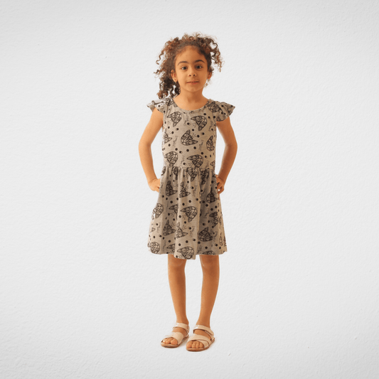 Kids Summer 23 Summer Sale 23 Cotton Girls Dress - Half Sleeve - Grey (Cat)
