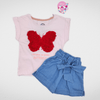 Kids Summer 23 Summer Sale 23 Girls Set - Cotton Tshirt & Short Jeans - "Butterfly" Pink (Red Butterfly)