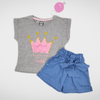 Kids Summer 23 Summer Sale 23 Girls Set - Cotton Tshirt & Short Jeans - "Crown"  Grey