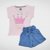 Kids Summer 23 Summer Sale 23 Girls Set - Cotton Tshirt & Short Jeans - "Crown" Pink