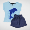 Kids Summer 23 Summer Sale 23 Girls Set - Cotton Tshirt & Short Jeans - "Dolphin" - Baby Blue