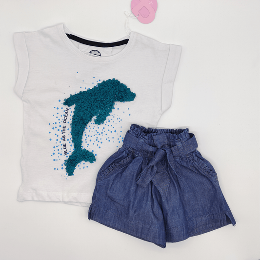 Kids Summer 23 Summer Sale 23 Girls Set - Cotton Tshirt & Short Jeans - "Dolphin" - White