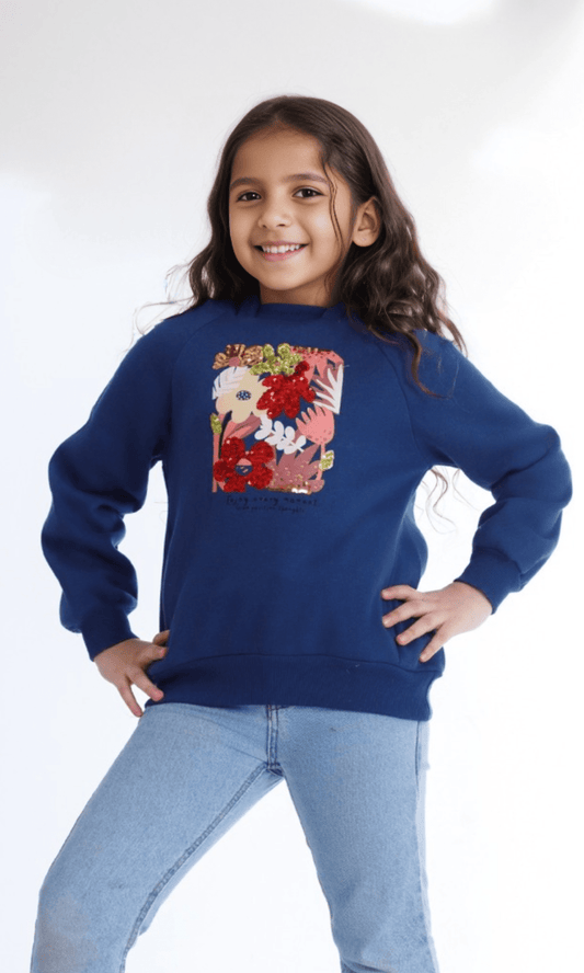 Kids Winter 24 Kids Pajama Girls Melton Padded Sweatshirt Flowers - Dark Blue