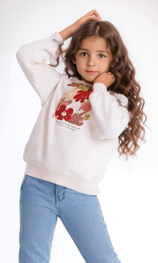 Kids Winter 24 Kids Sweatshirt Girls Melton Padded Sweatshirt Flowers - Off White