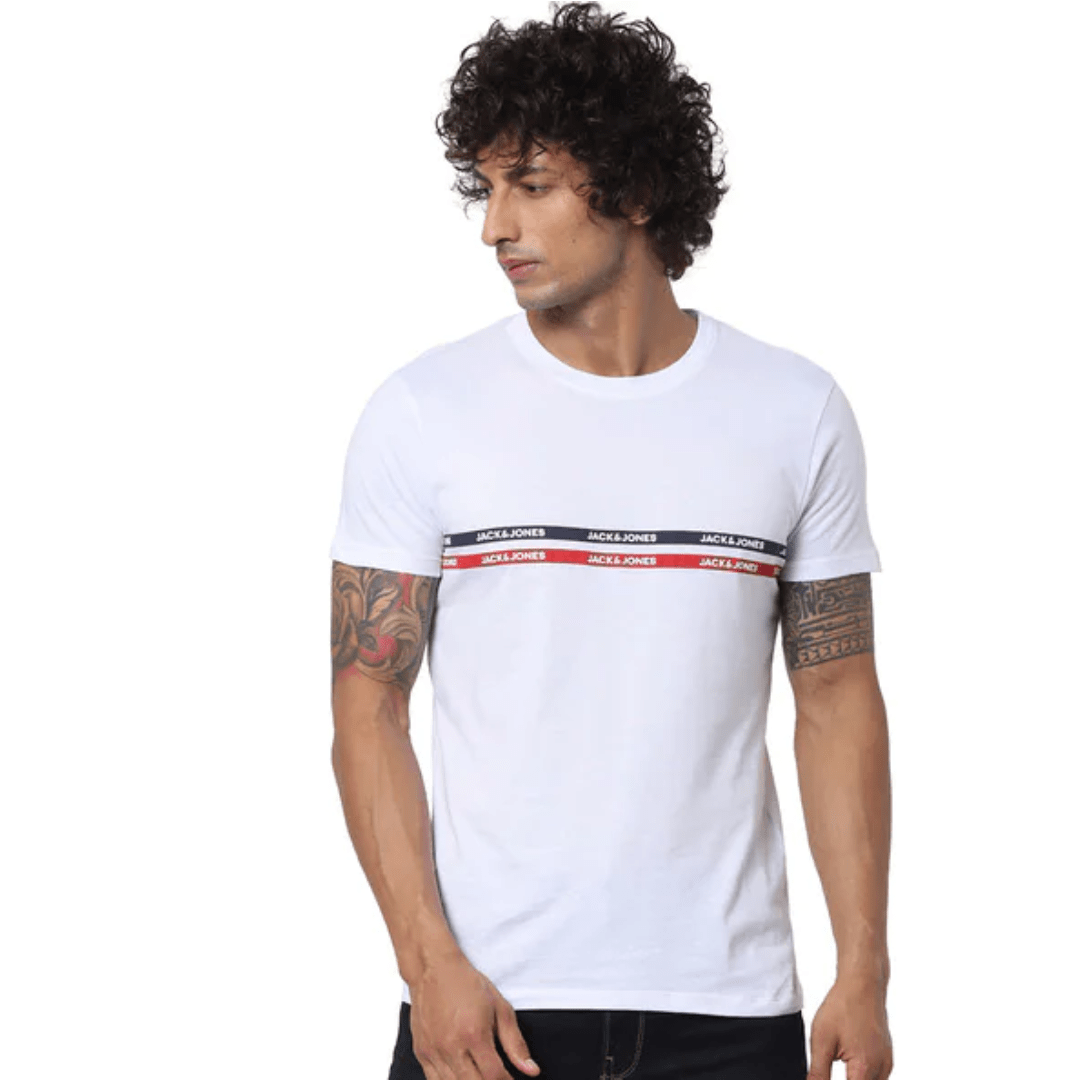 Men Summer 23 Men T-Shirt Men Tshirt - J&J - White x Dark Blue Line x Red Line
