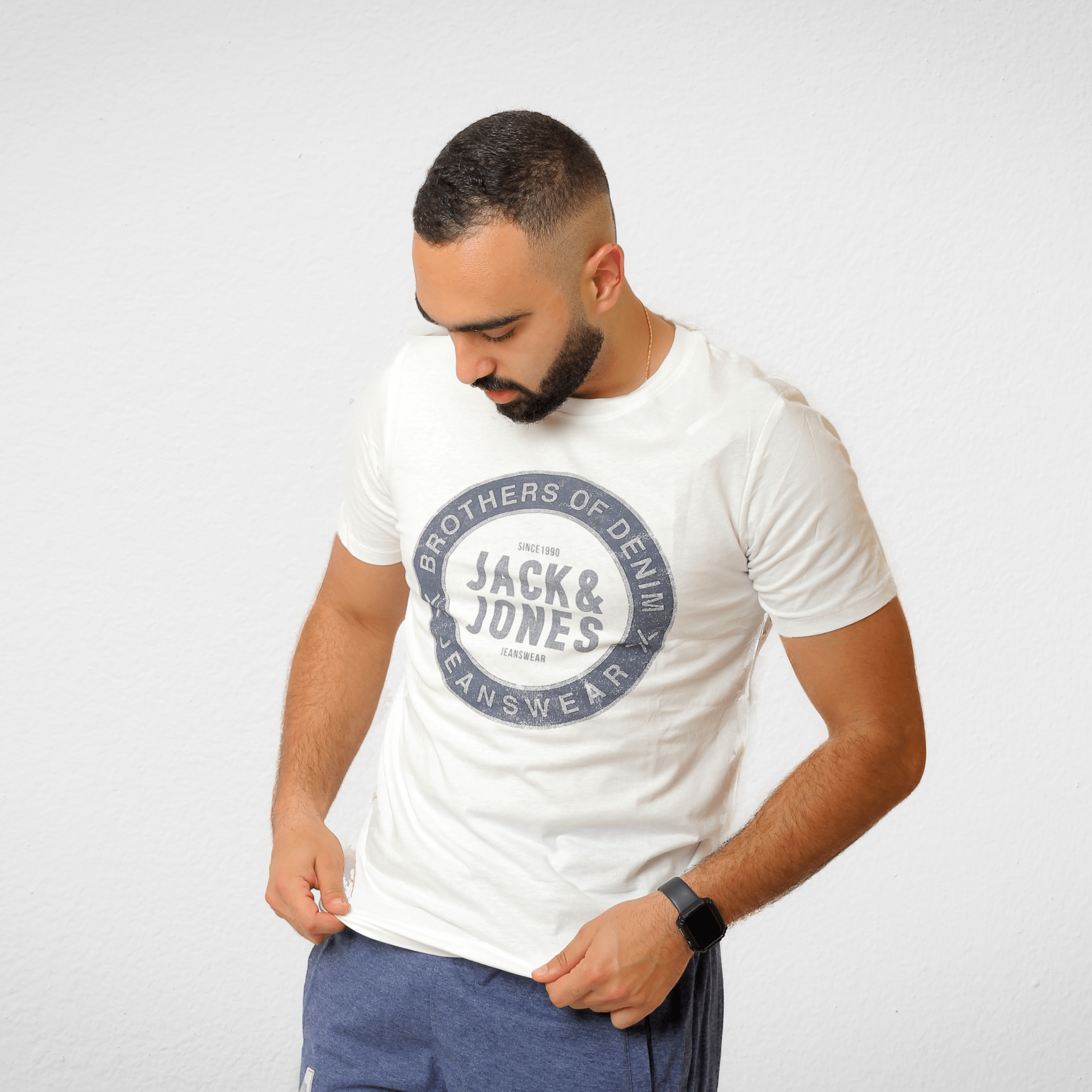 Men Summer 23 Men T-Shirt Men Tshirt - J&J - White x Dark Blue (Round Logo)