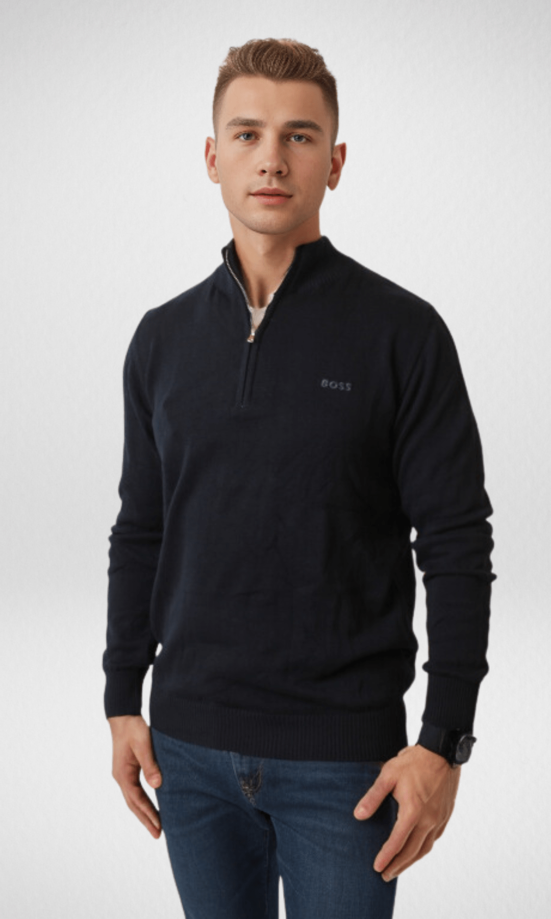 Men Winter 24 Men Pullover Men Boss Half Zipper - Dark Blue