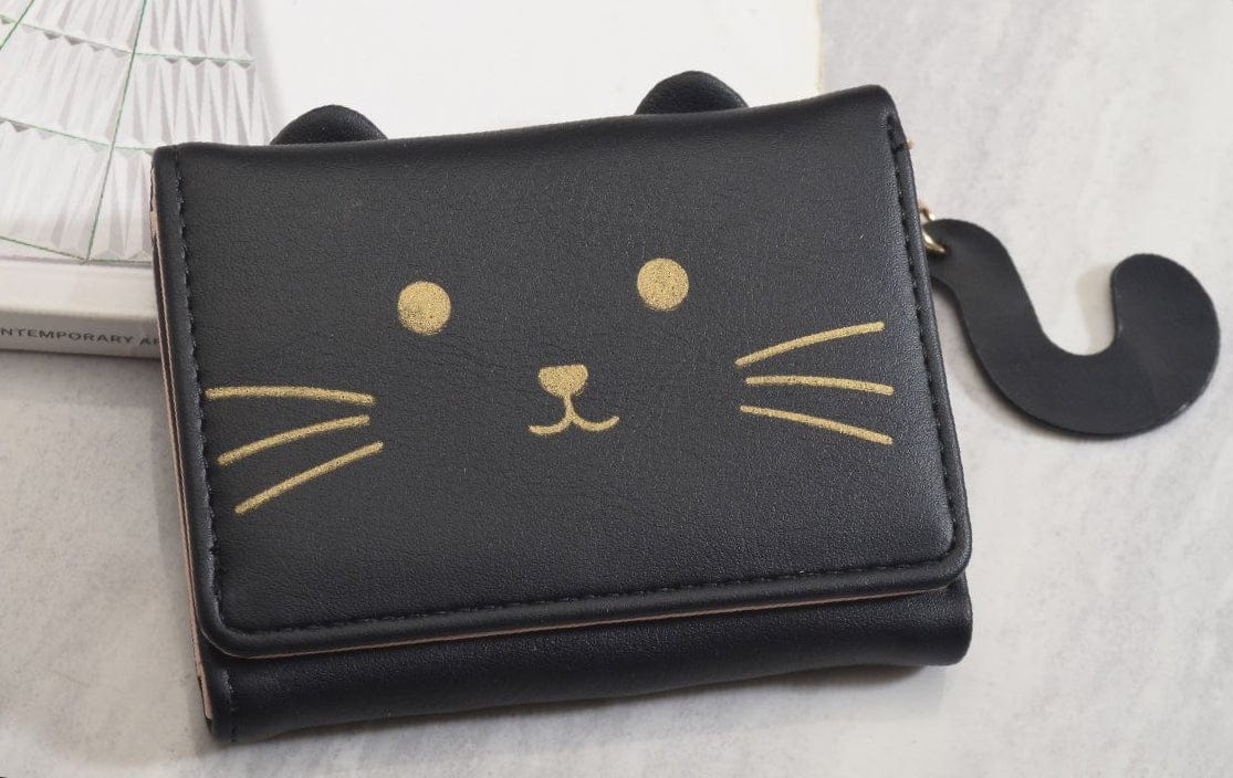 Outlet W&B Wallet Black Leather Cat Women Wallet