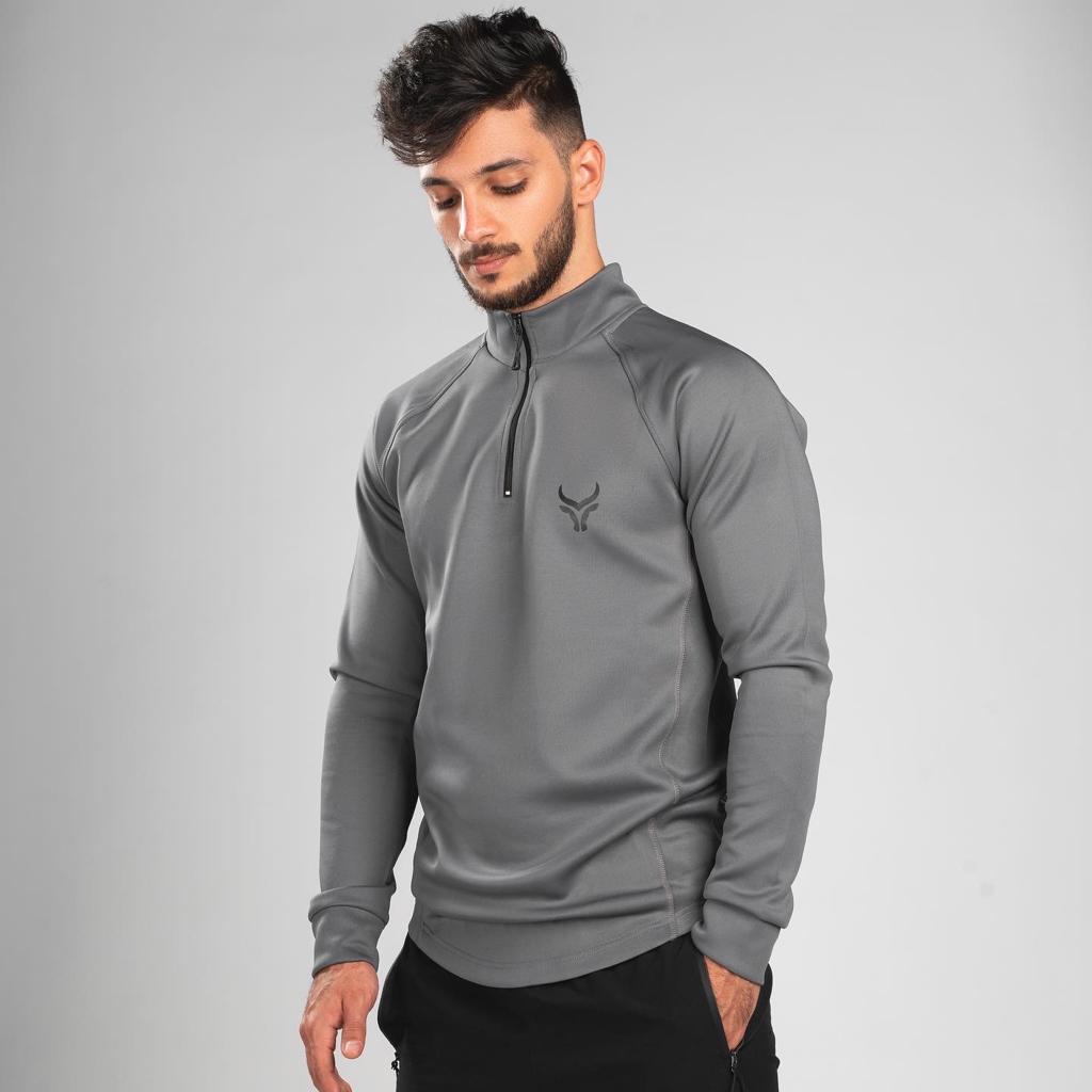TAUR Men Sweatshirt TAUR Sleeved Quarter Zipper Top Grey