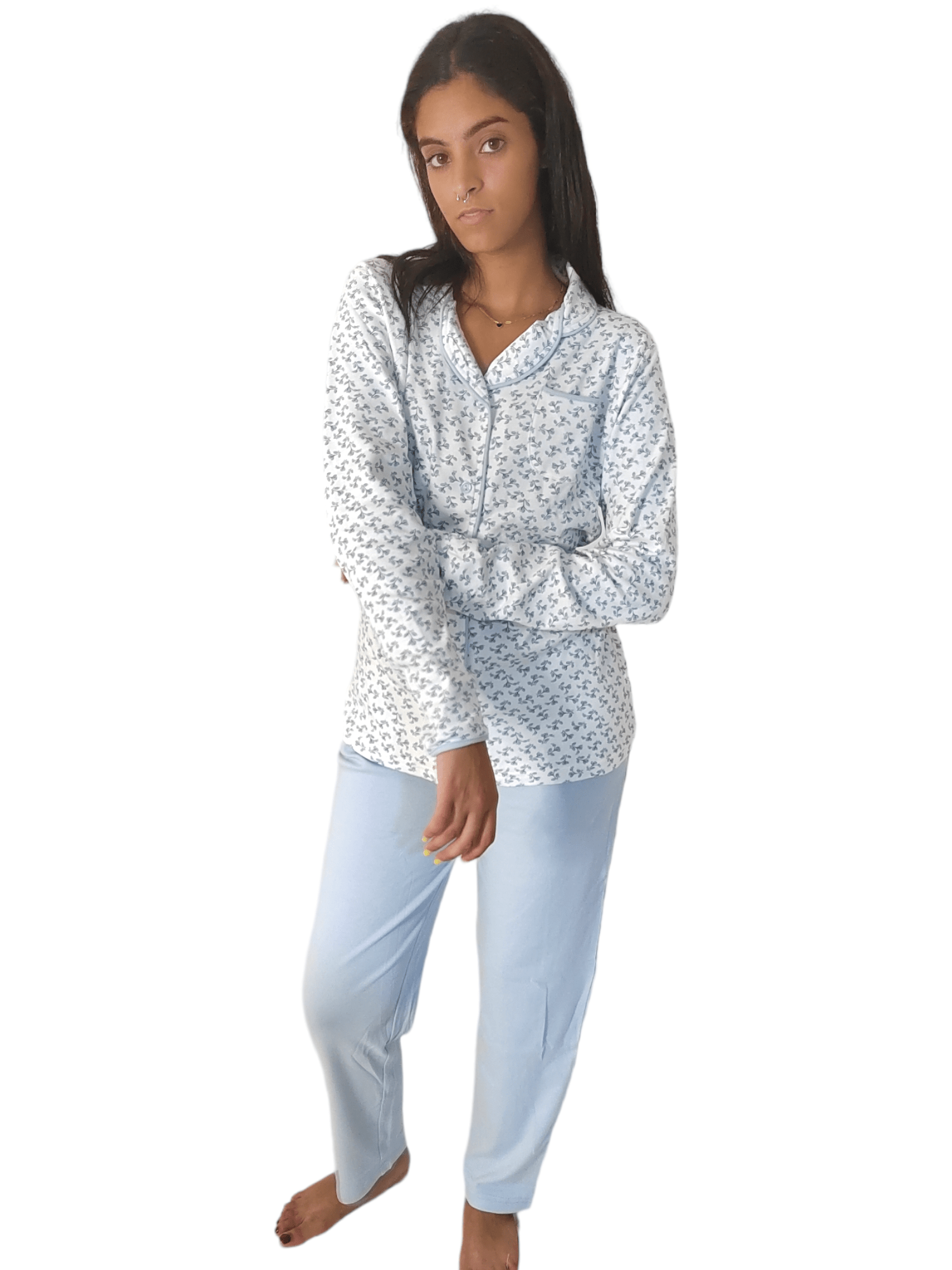 Winter23_WOMEN Pyjamas Women Cotton Pajama Set - Baby Blue