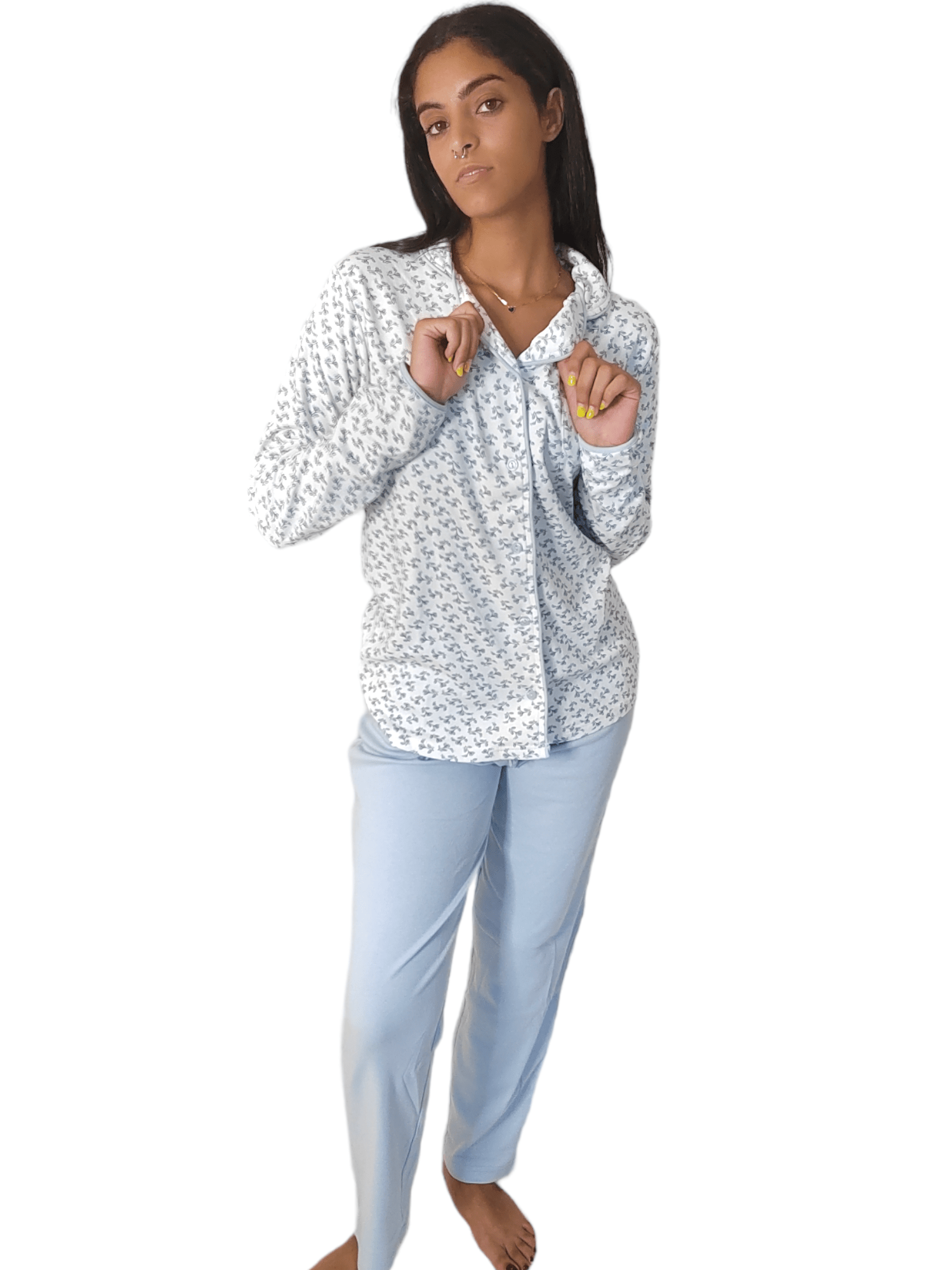 Winter23_WOMEN Pyjamas Women Cotton Pajama Set - Baby Blue
