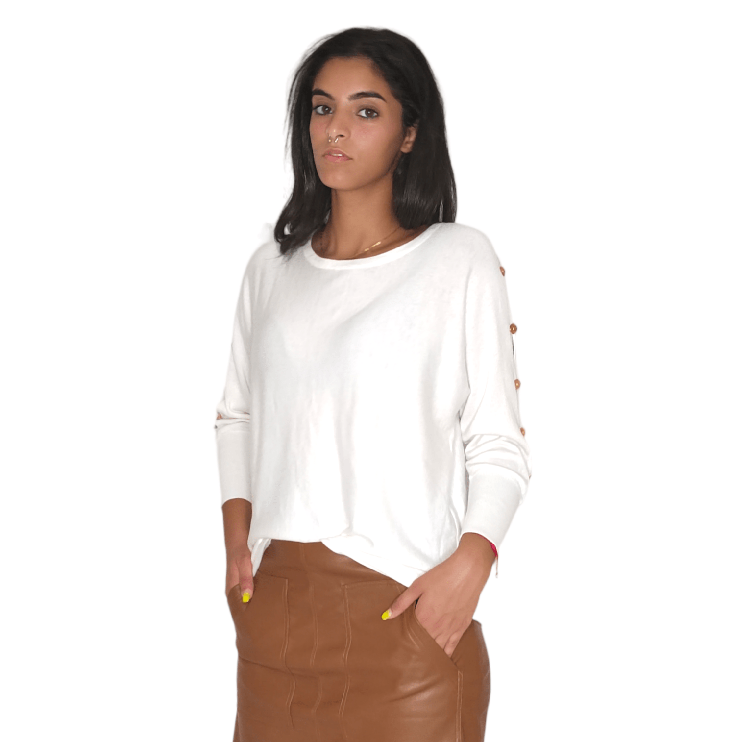 Winter23_WOMEN Women Pullover Women Blouse Arm Sided Buttons - White