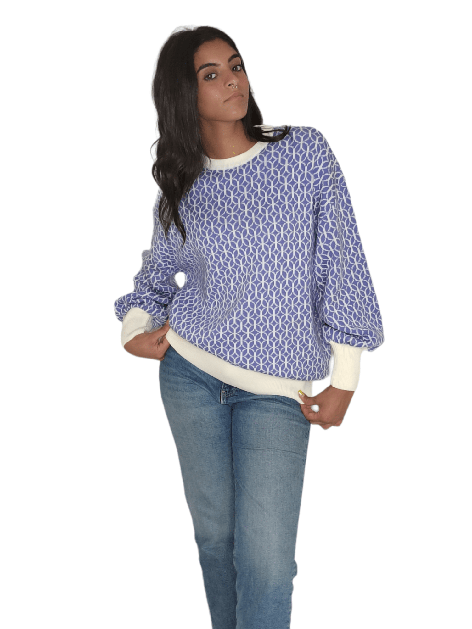 Winter23_WOMEN Women Pullover Women Long Pullover - Blue x White