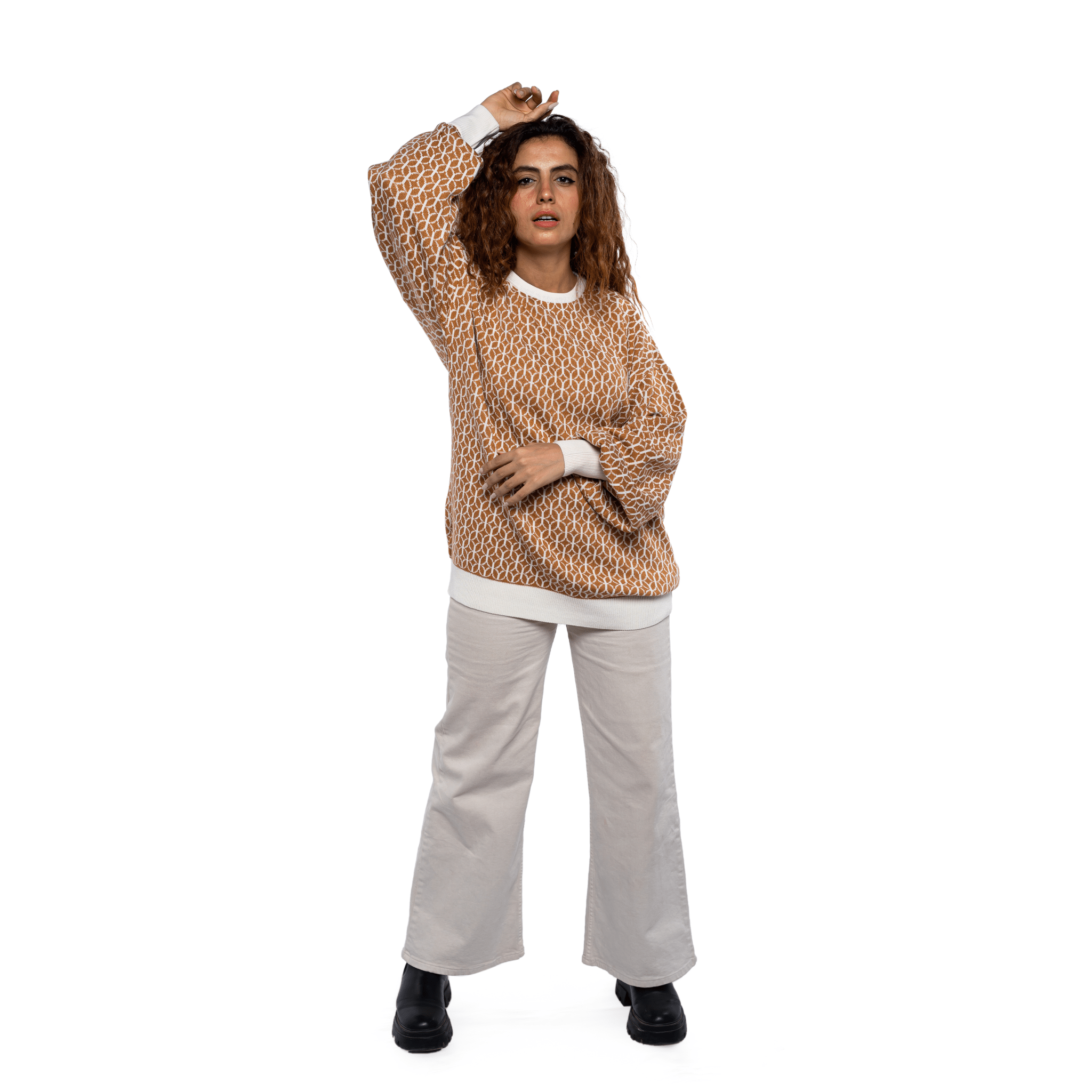 Winter23_WOMEN Women Pullover Women Long Pullover - Coffee x White