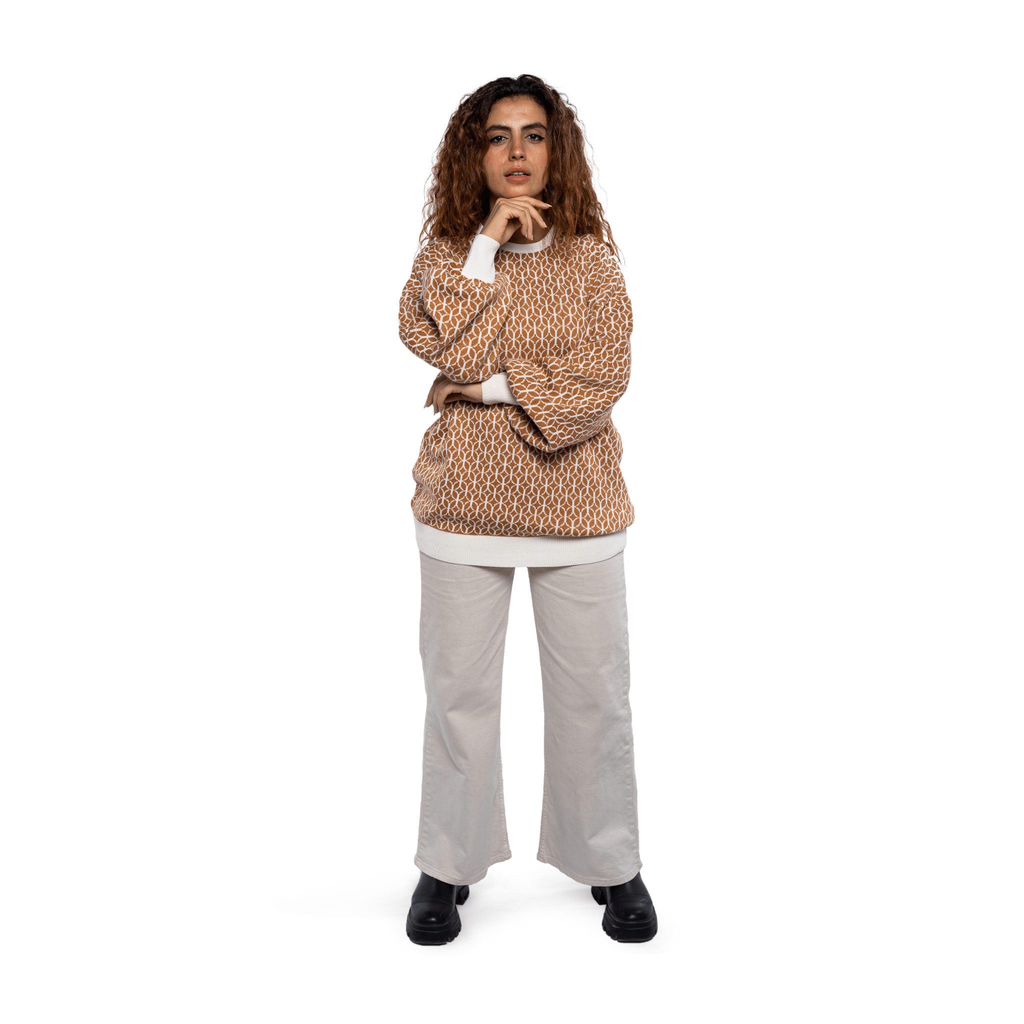 Winter23_WOMEN Women Pullover Women Long Pullover - Coffee x White