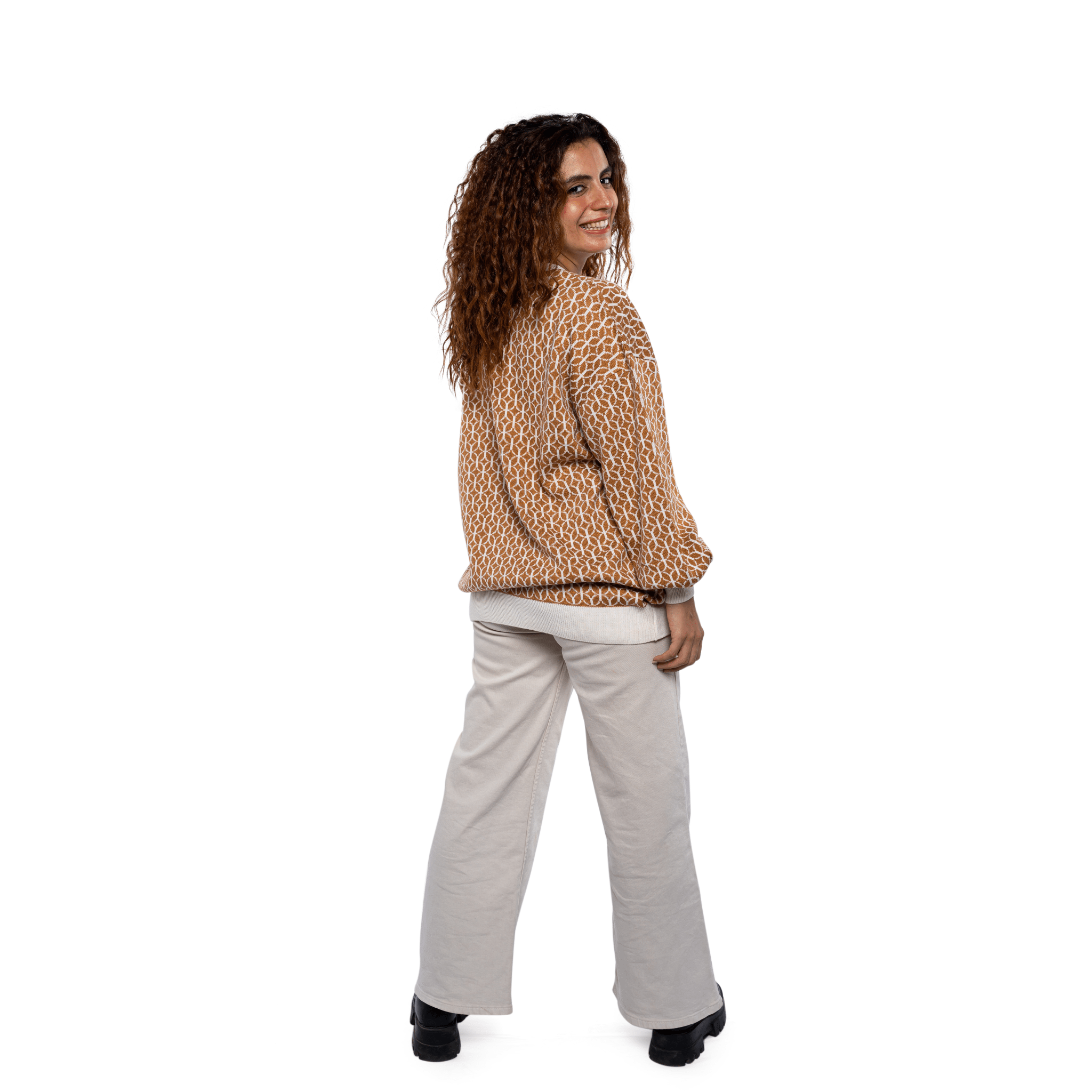 Winter23_WOMEN Women Pullover Women Long Pullover - Coffee x White