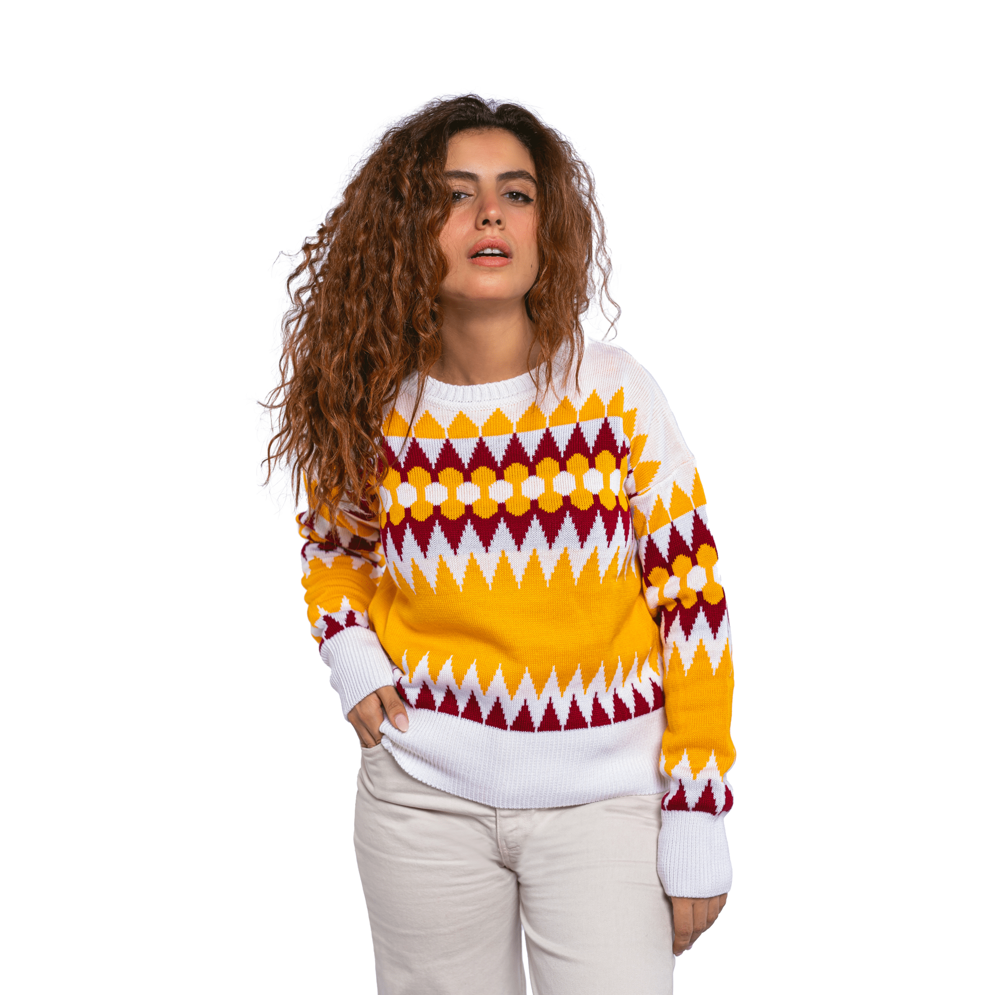 Winter23_WOMEN Women Pullover Women multicolor shapes Pullover -Mustard x Burgundy
