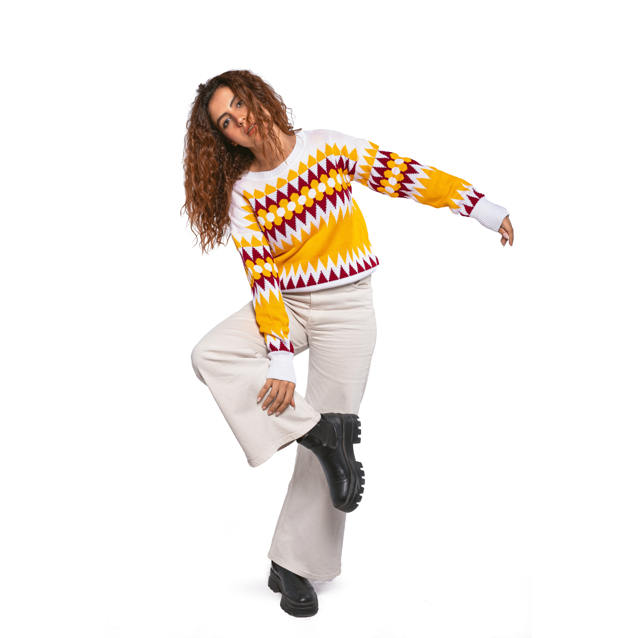 Winter23_WOMEN Women Pullover Women multicolor shapes Pullover -Mustard x Burgundy