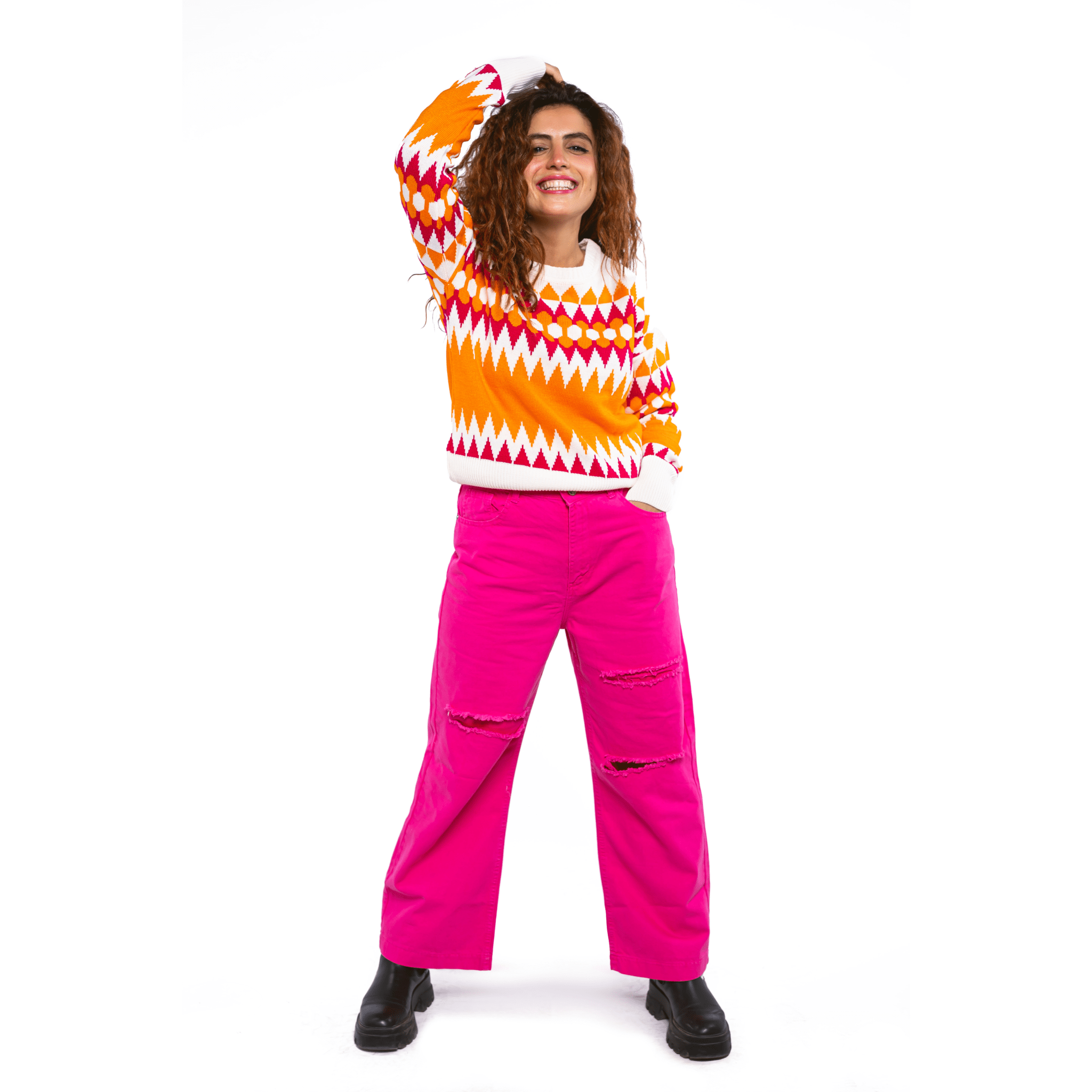 Winter23_WOMEN Women Pullover Women multicolor shapes Pullover - Orange x Fuchsia