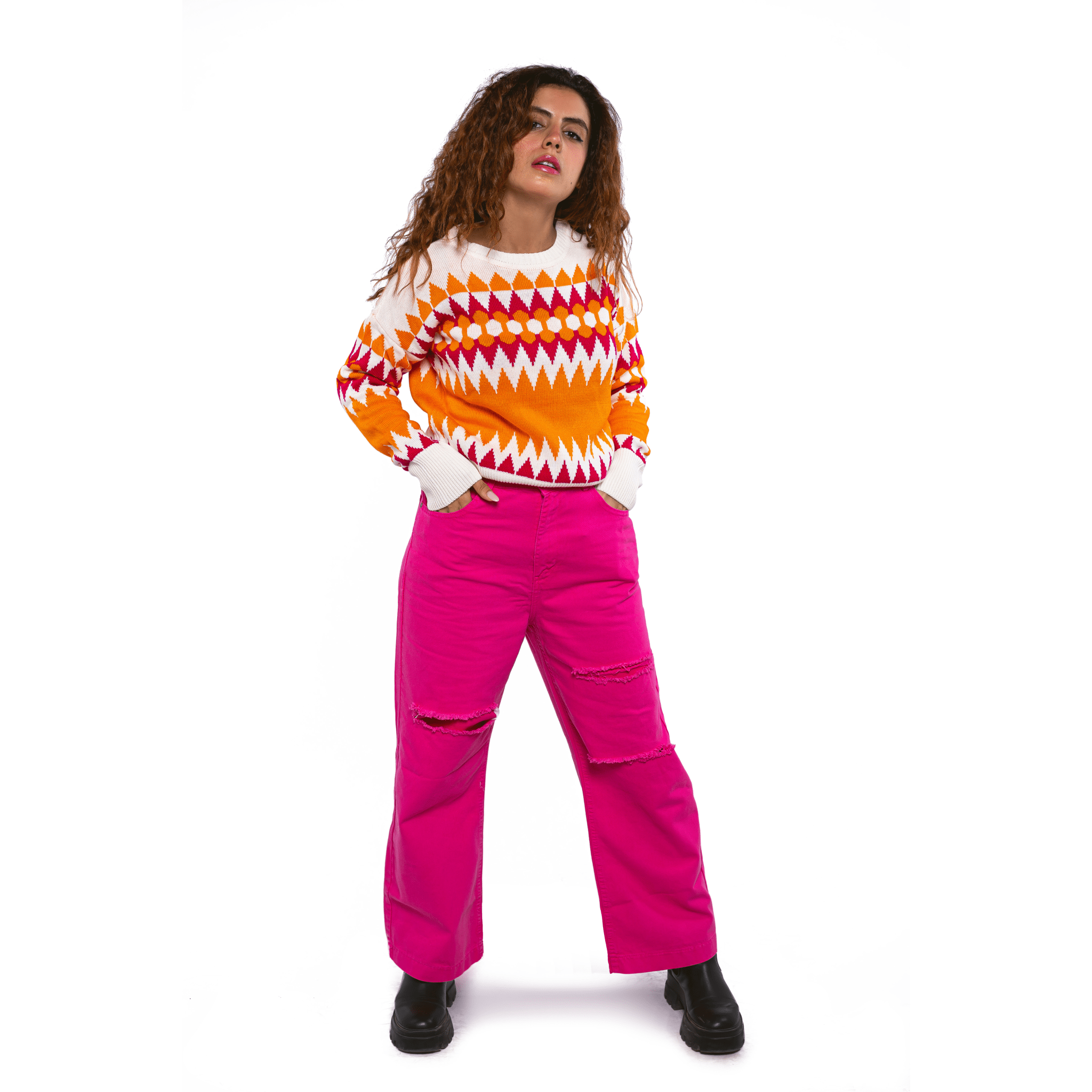 Winter23_WOMEN Women Pullover Women multicolor shapes Pullover - Orange x Fuchsia