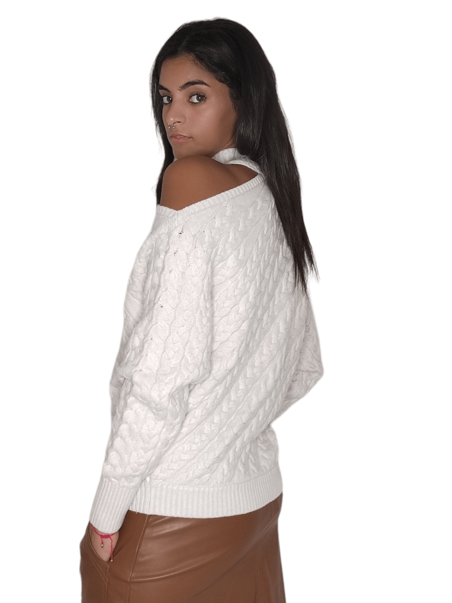 Winter23_WOMEN Women Pullover Women Off-Shoulder Pullover - Beige