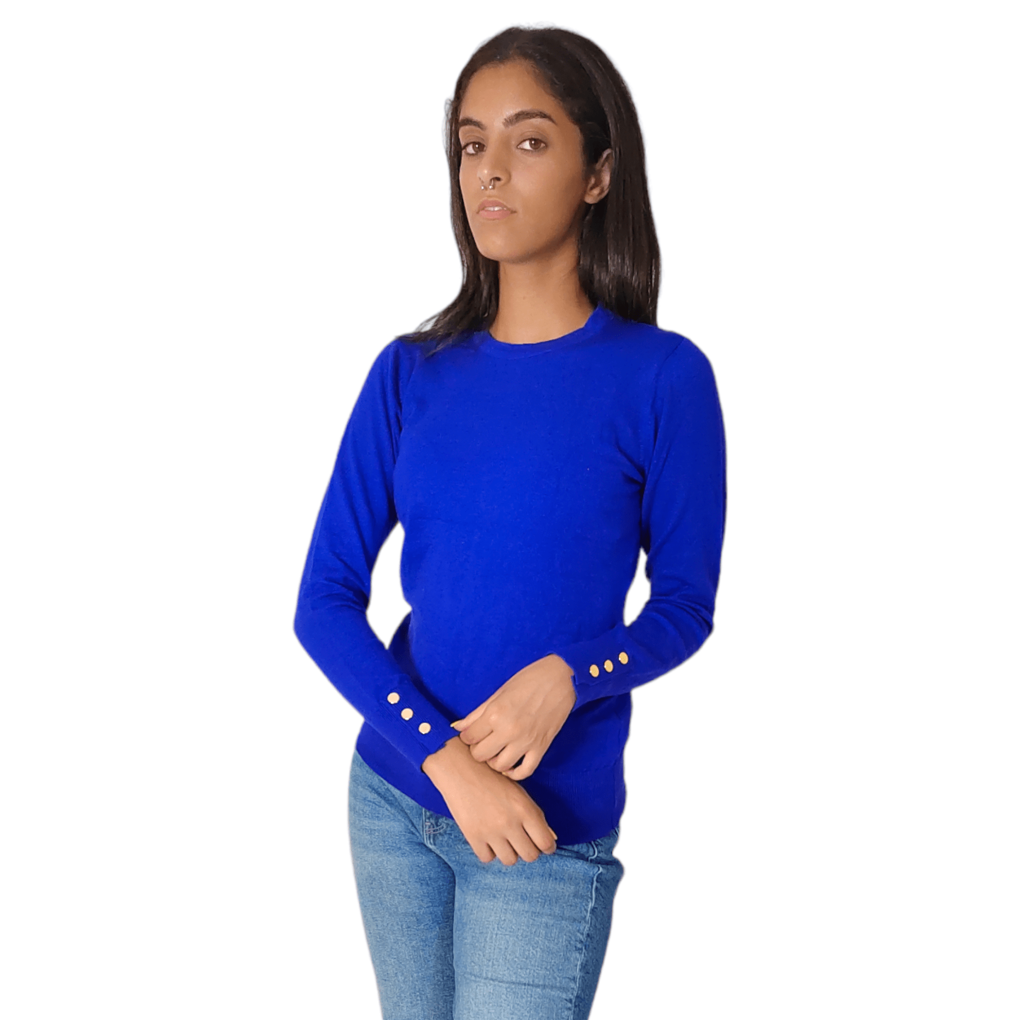 Winter23_WOMEN Women Pullover Women Round-Collar Pullover (buttons on sleeve) - Blue