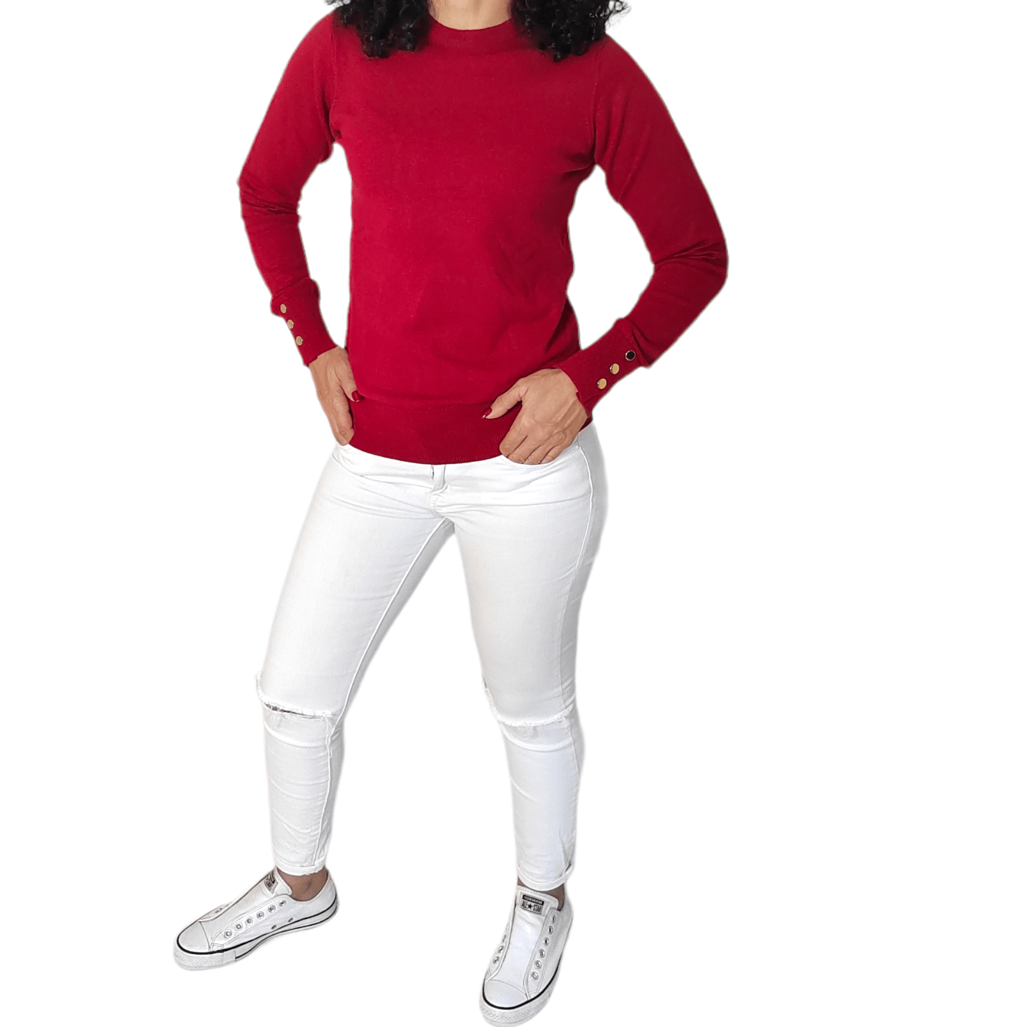 Winter23_WOMEN Women Pullover Women Round-Collar Pullover (buttons on sleeve) - Burgundy