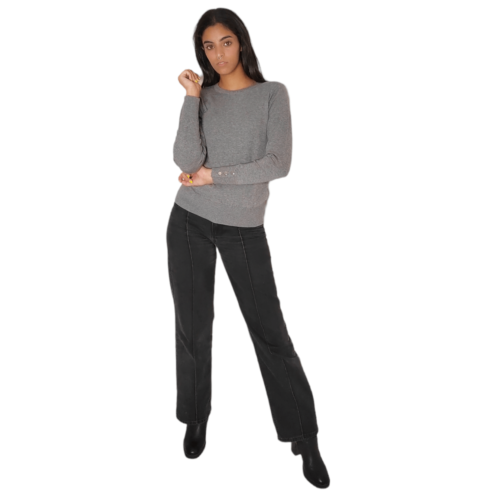 Winter23_WOMEN Women Pullover Women Round-Collar Pullover (buttons on sleeve) - Grey