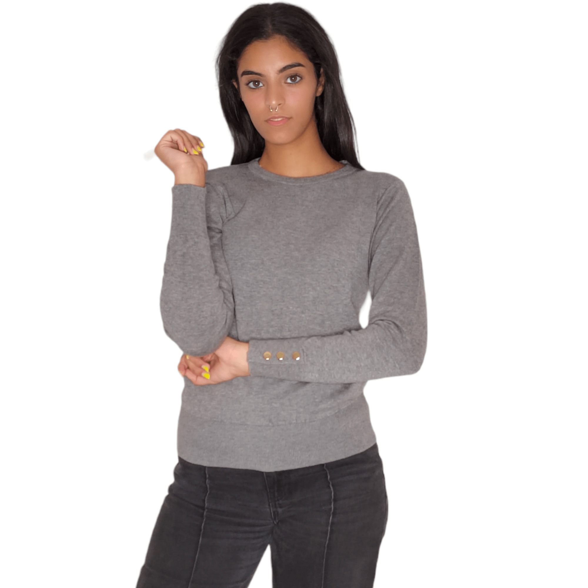 Winter23_WOMEN Women Pullover Women Round-Collar Pullover (buttons on sleeve) - Grey