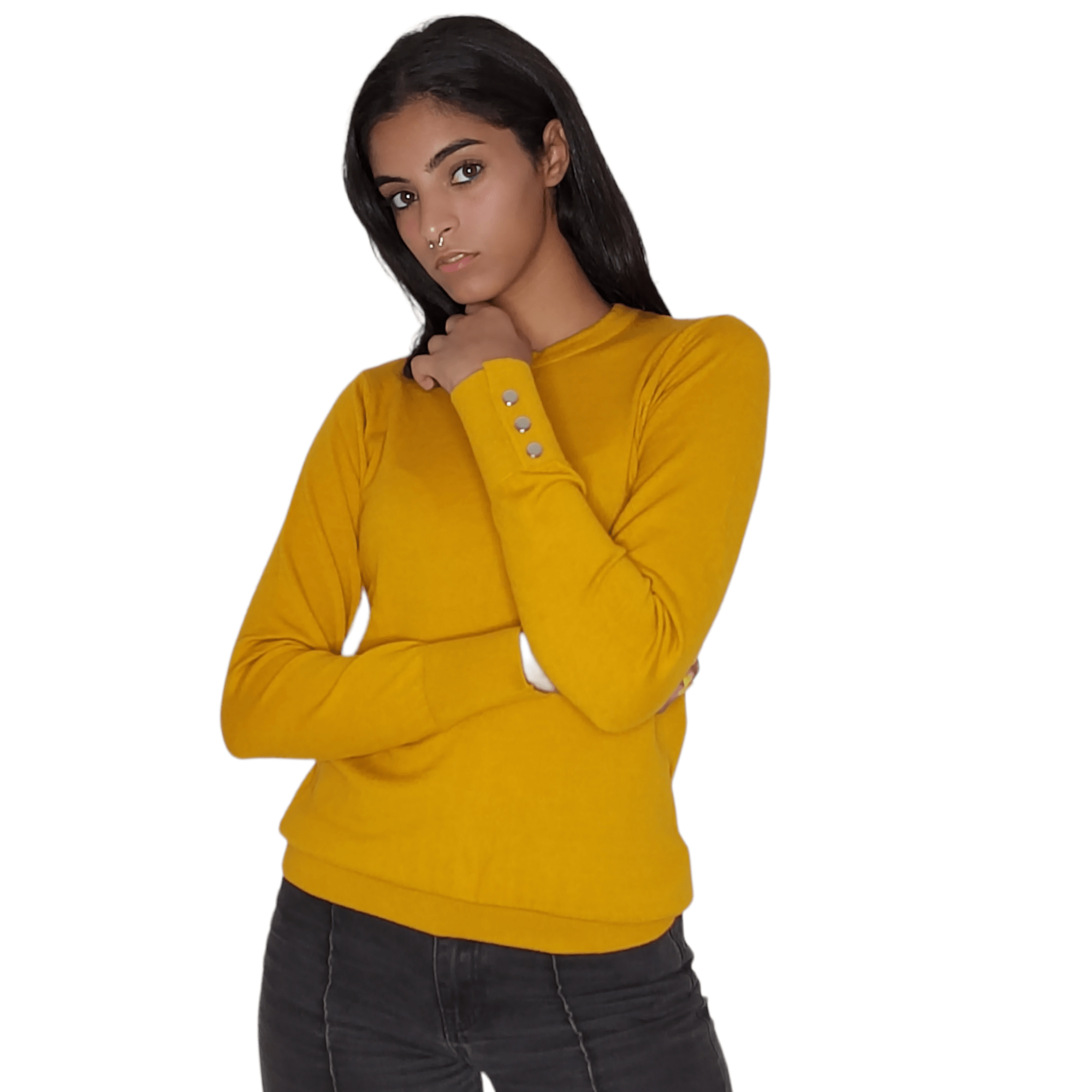 Winter23_WOMEN Women Pullover Women Round-Collar Pullover (buttons on sleeve) - Mustard