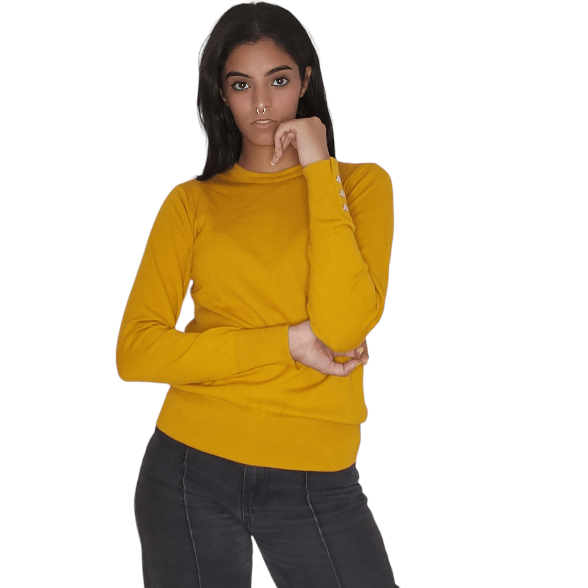 Winter23_WOMEN Women Pullover Women Round-Collar Pullover (buttons on sleeve) - Mustard