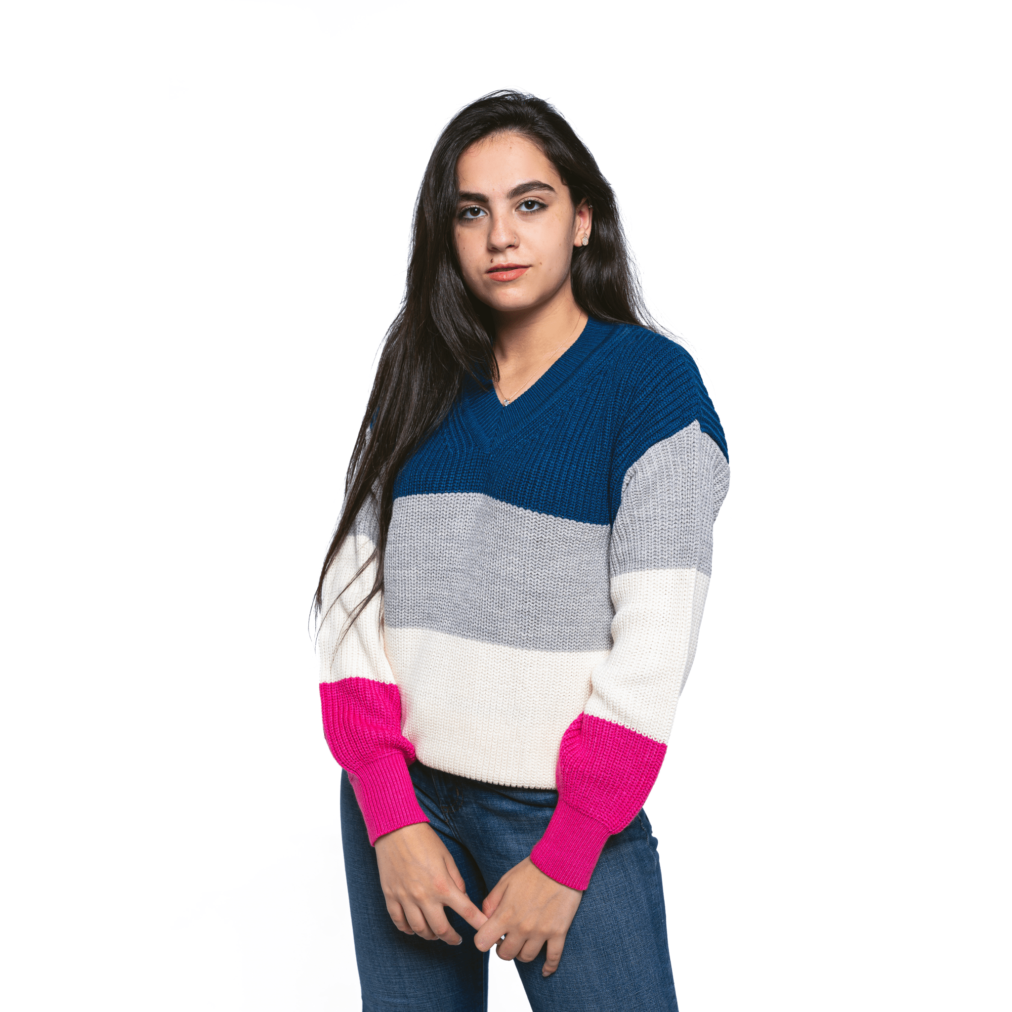 Winter23_WOMEN Women Pullover Women Stripped Pullover - Dark Blue x Grey