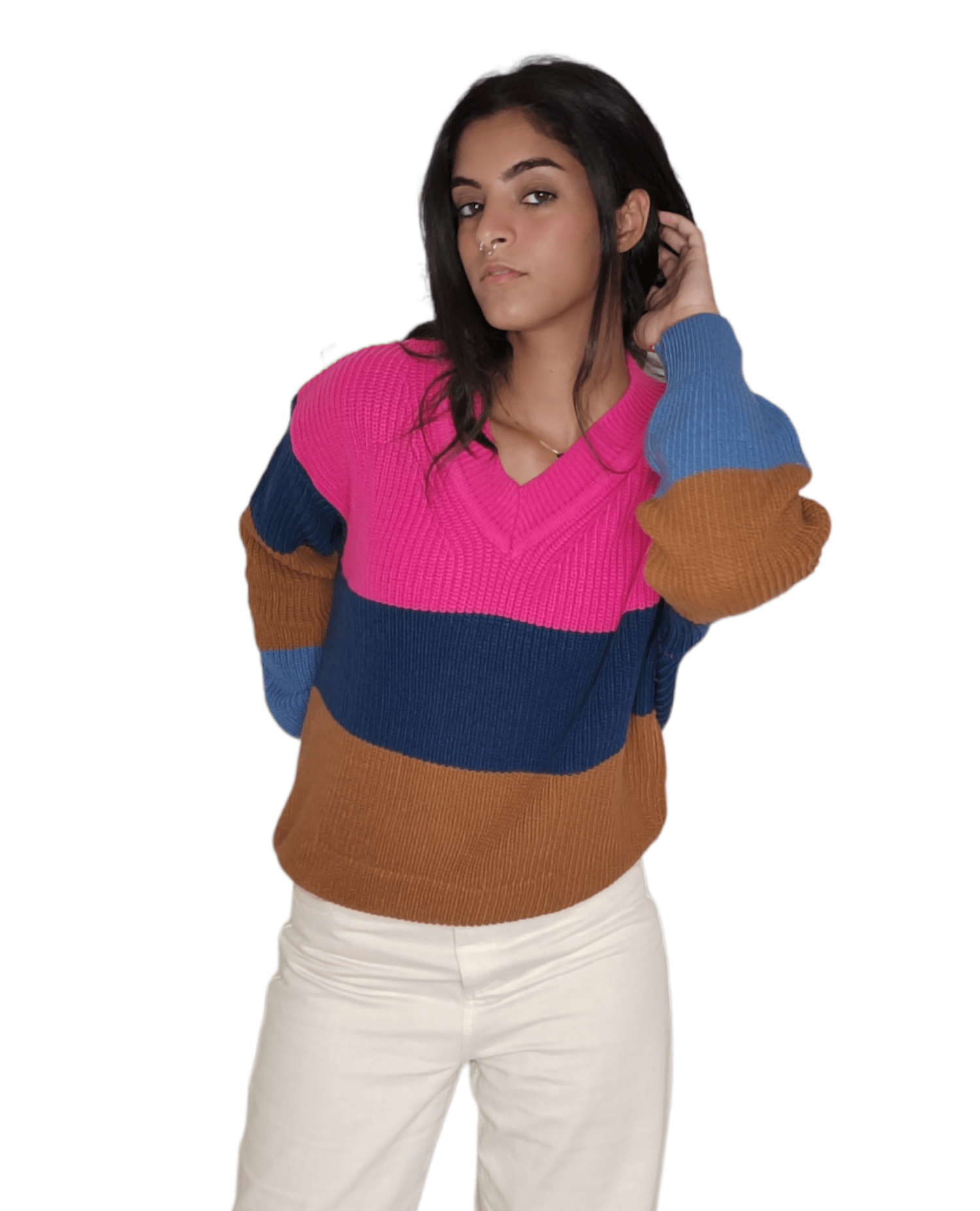 Winter23_WOMEN Women Pullover Women Stripped Pullover - Fuchsia x Blue
