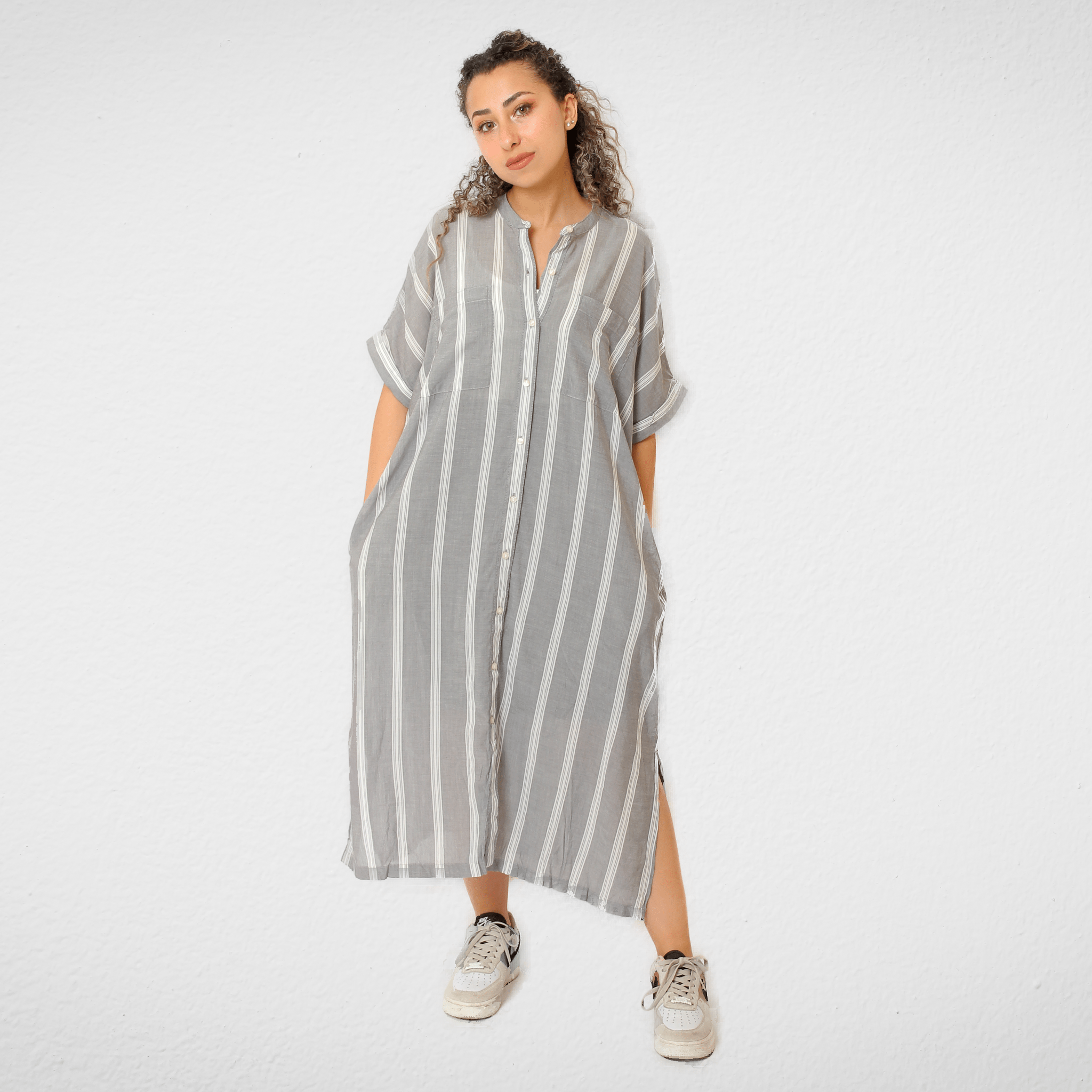 Women Summer 23 Dress Women Cotton Dress - 2 pockets - Grey (stripped)