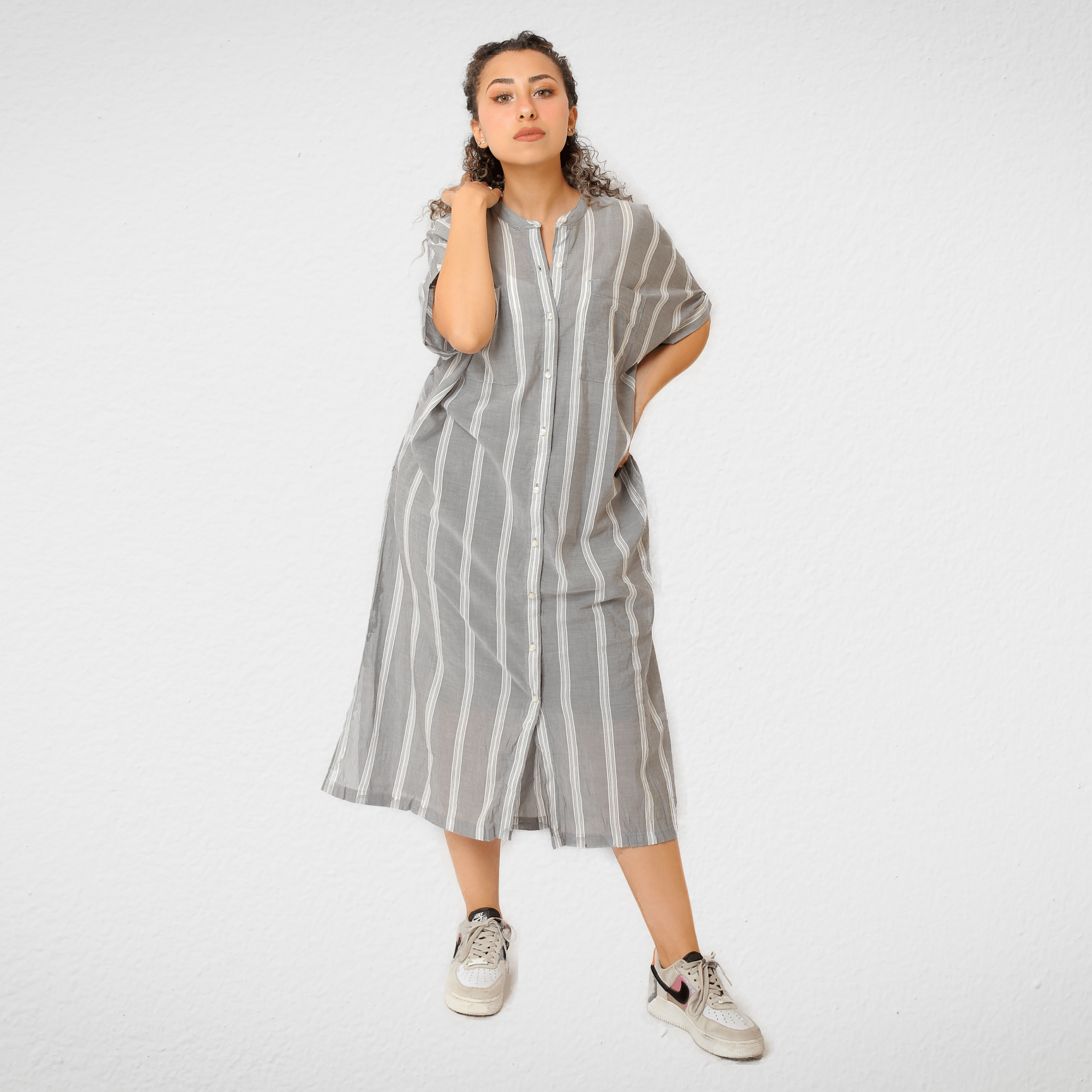 Women Summer 23 Dress Women Cotton Dress - 2 pockets - Grey (stripped)