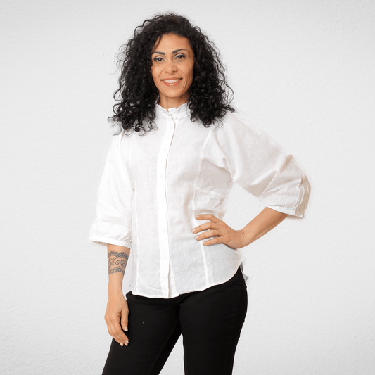 Women Summer 23 Summer Sale 23 Women Half Collar - Linen Blouse - White