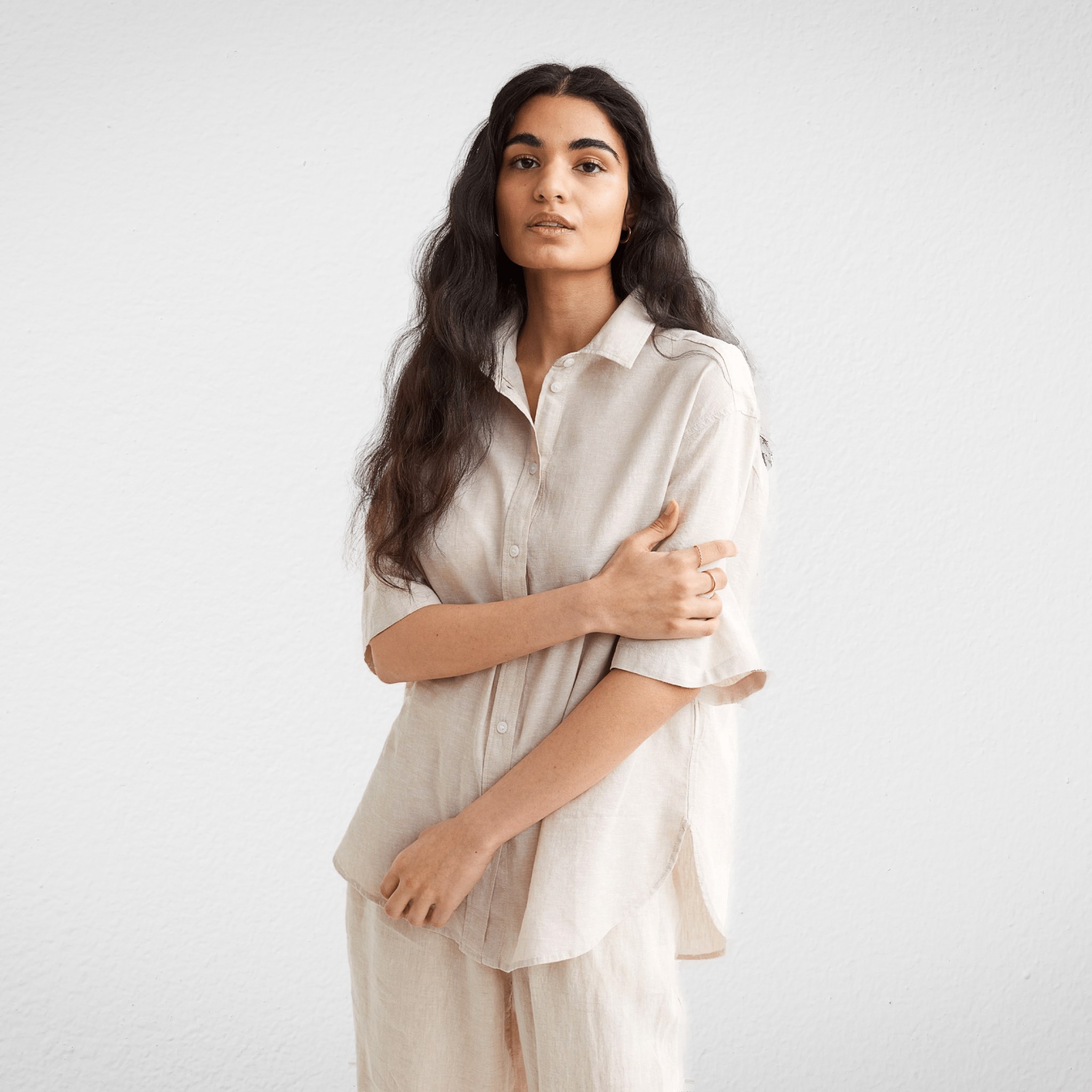 Women Summer 23 Summer Sale 23 Women Linen (Oversized) Shirt - Half Sleeve - Beige