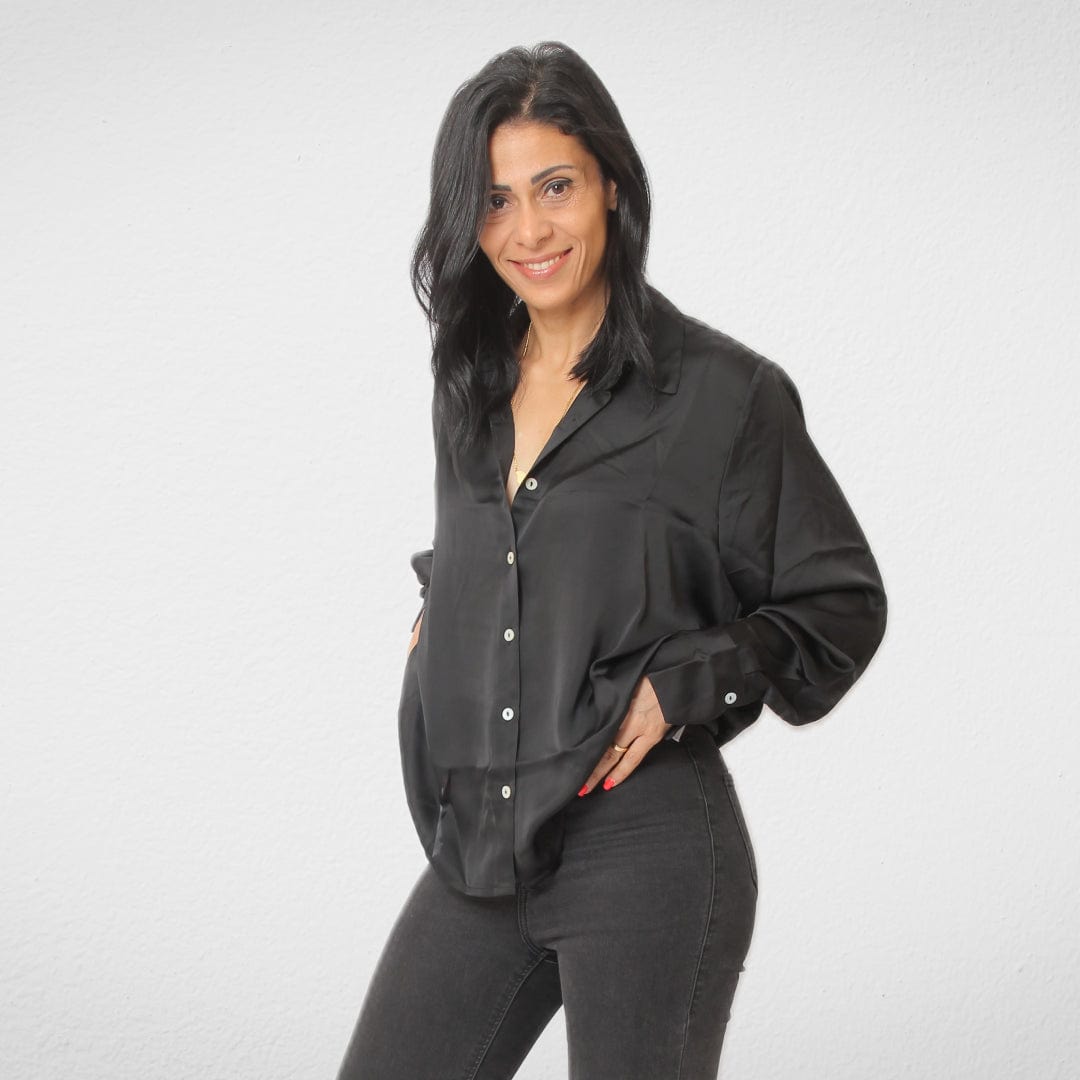 Women Summer 23 Summer Sale 23 Women Shirt - Satin- Short - Black