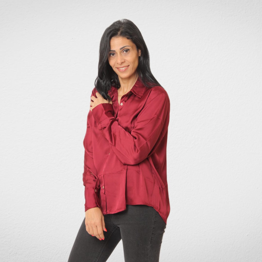 Women Summer 23 Summer Sale 23 Women Shirt - Satin- Short - Burgundy