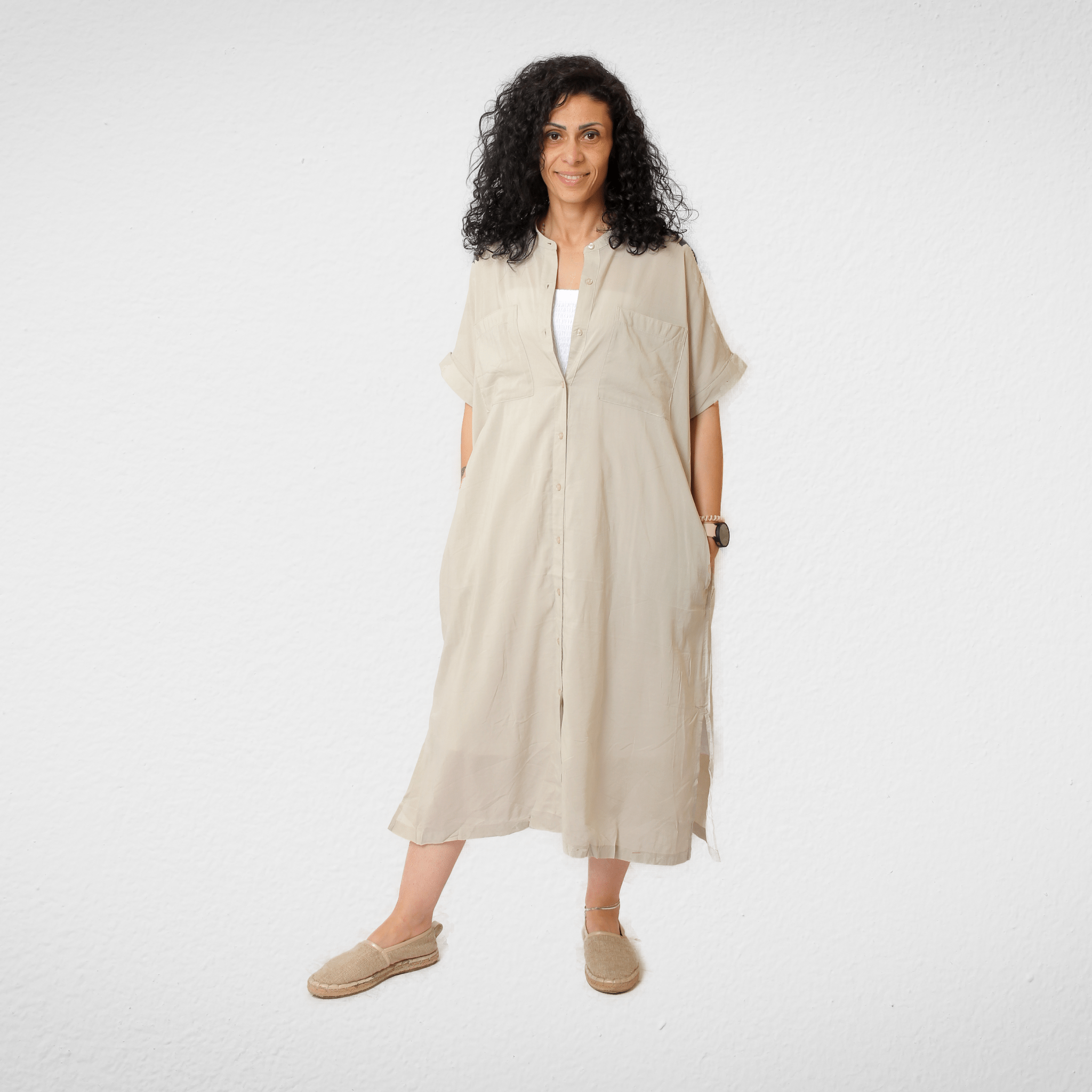 Women Summer 23 Women Cotton Dress - 2 pockets - Light Beige
