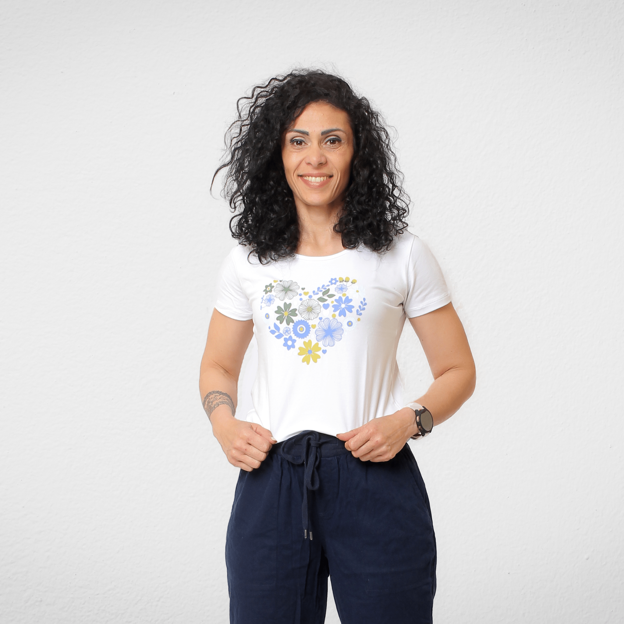 Women Summer 23 Women Cotton T-shirt -Slim-Fit - White x Flowers