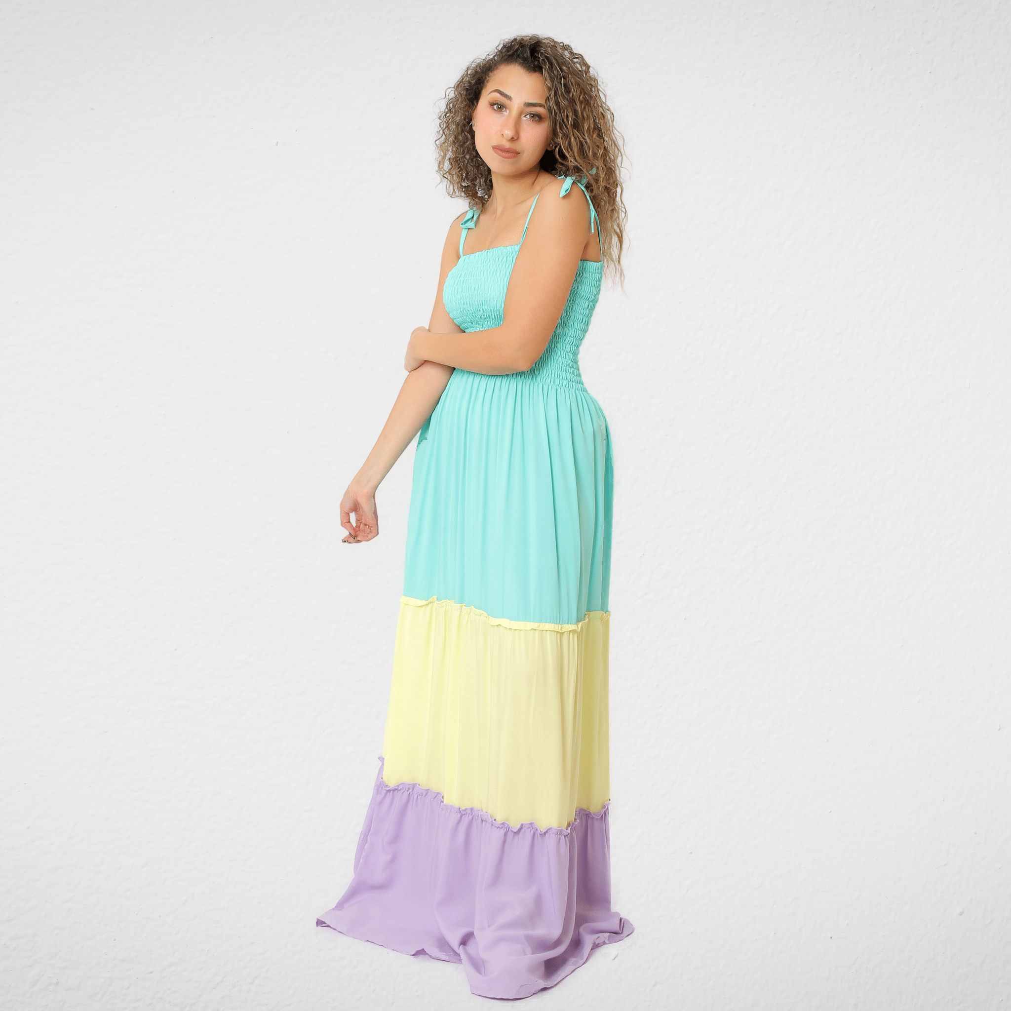Women Summer 23 Women Dress Women Dress - ONE SIZE - "Tri-Color" - (Baby Blue-Yellow-Purple)