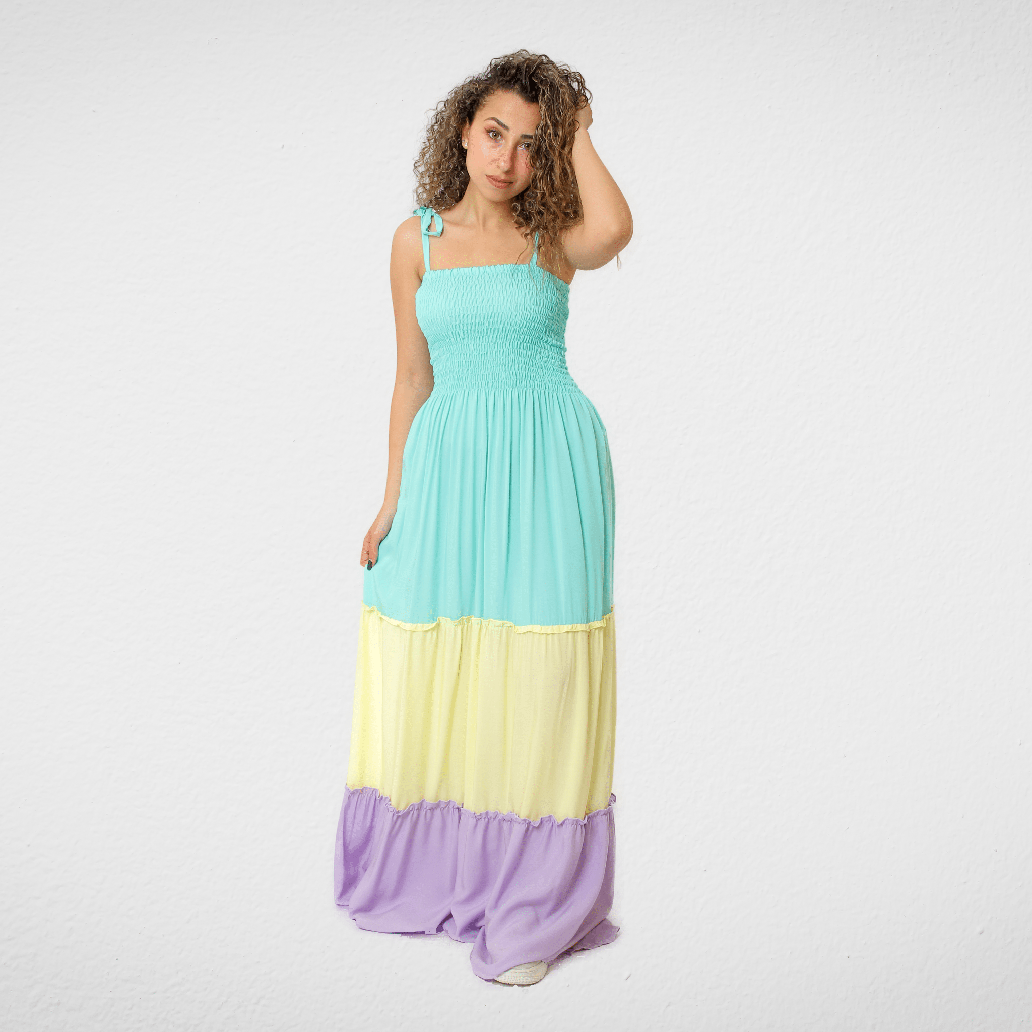 Women Summer 23 Women Dress Women Dress - ONE SIZE - "Tri-Color" - (Baby Blue-Yellow-Purple)