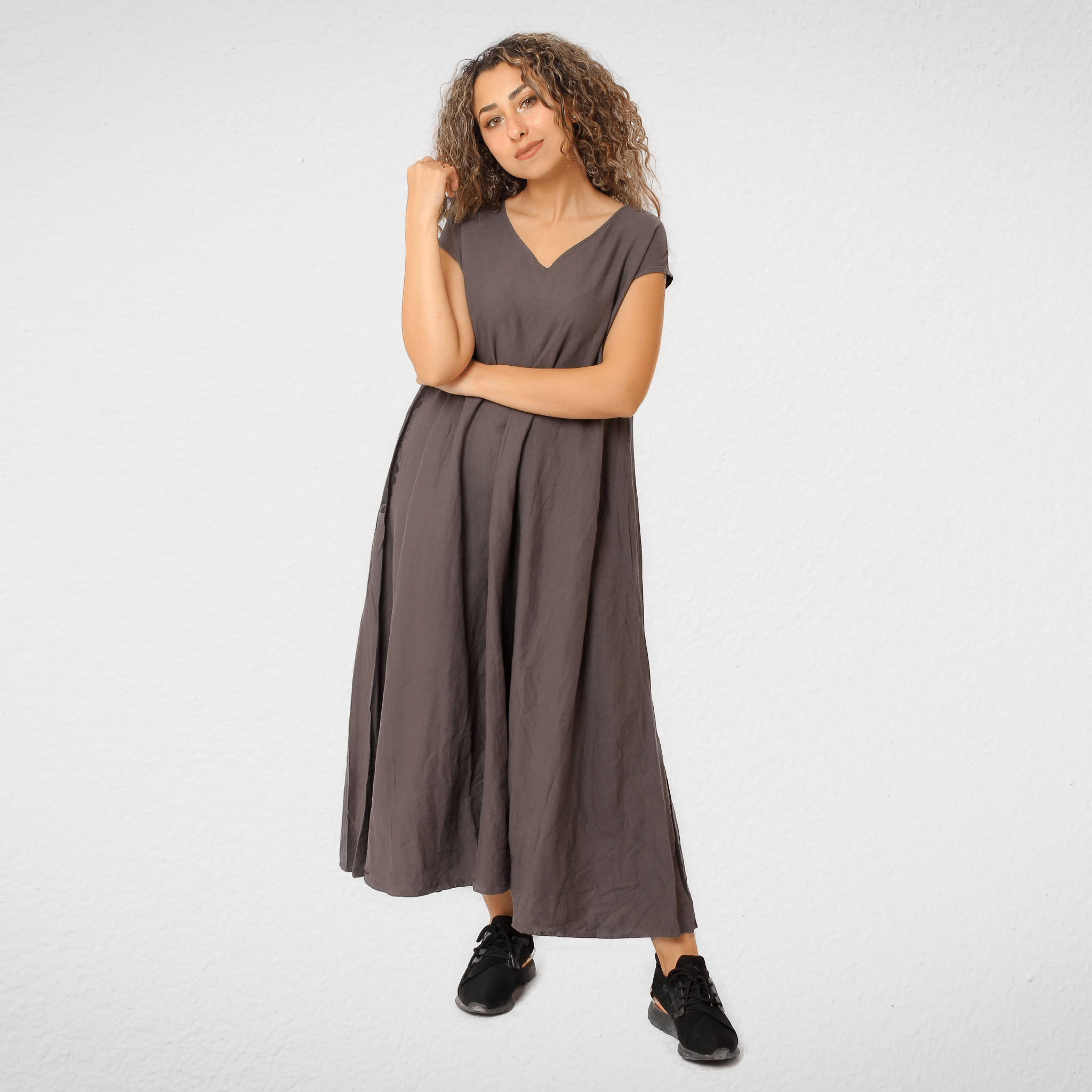 Women Linen Dress - "American Holic" - - Dark Grey Women Linen Dress - "American Holic" - - Dark Grey