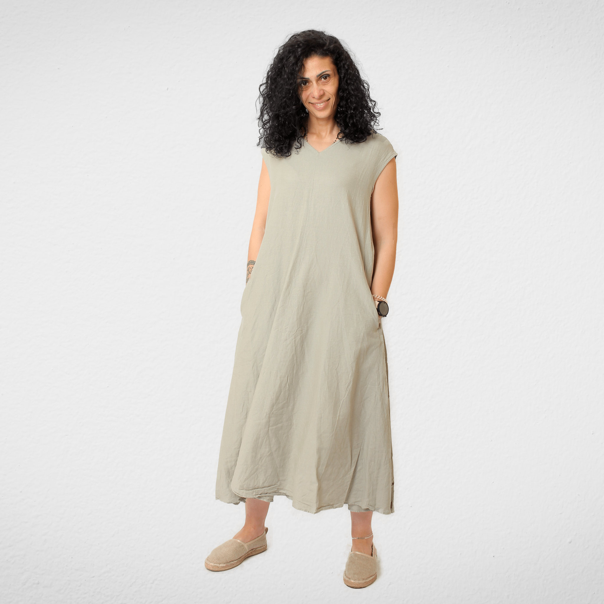 Women Summer 23 Women Dress Women Linen Dress - "American Holic" - كتان - Light Grey