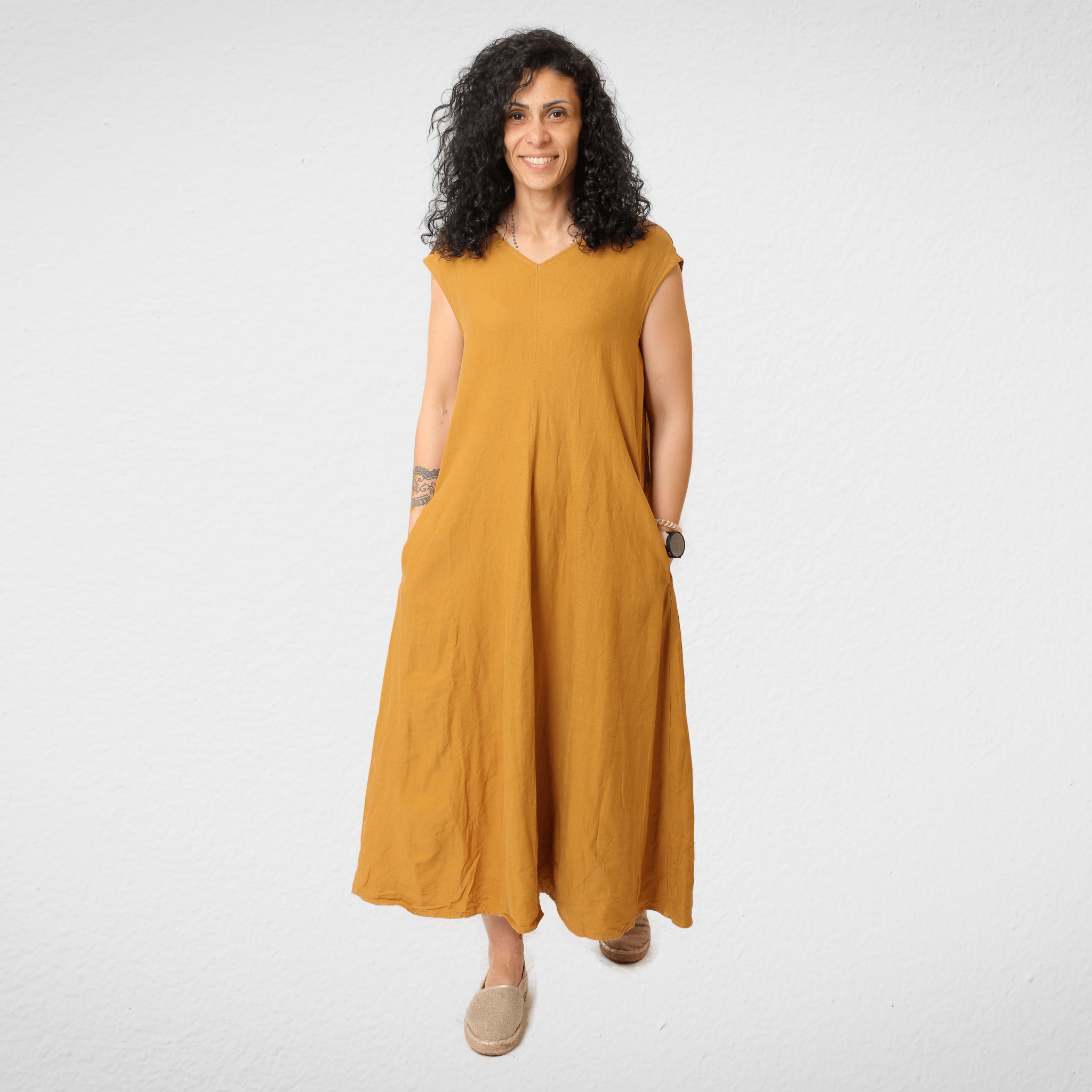 Women Summer 23 Women Dress Women Linen Dress - "American Holic" - كتان - Mustard